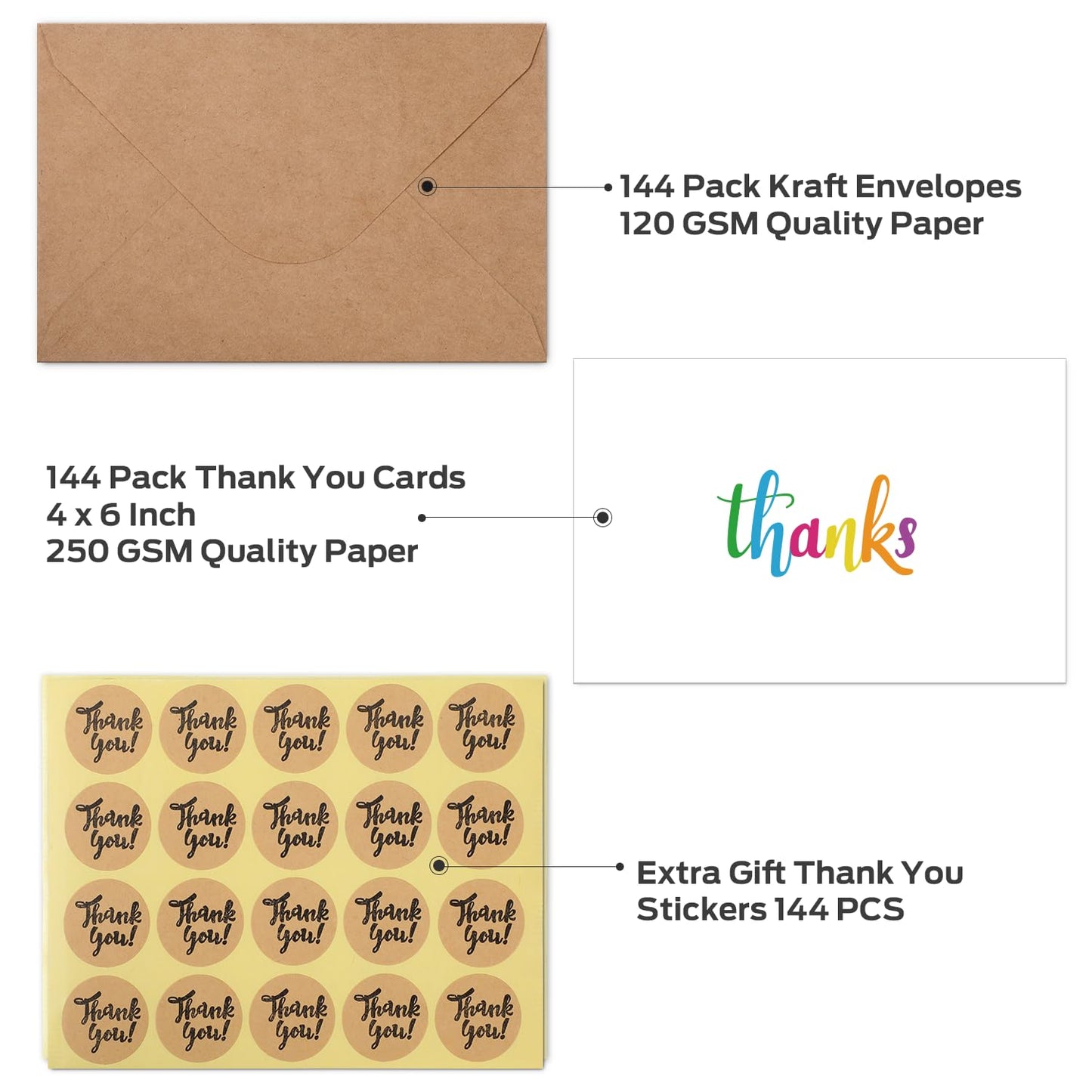 144 Bulk Thank You Cards with Envelopes, Ohuhu Thank You Notes Box Set with 8 Elegant Rainbow-Colored Designs Greeting Cards for Business, Wedding, Baby Shower, Blank Inside, 4x6 Inch