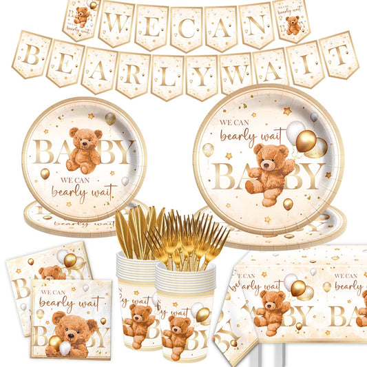 CMUSKO Teddy Bear Baby Shower Decorations - 142Pcs Brown Bear Theme Plates, Napkins, Tableware Set for 20 Guests