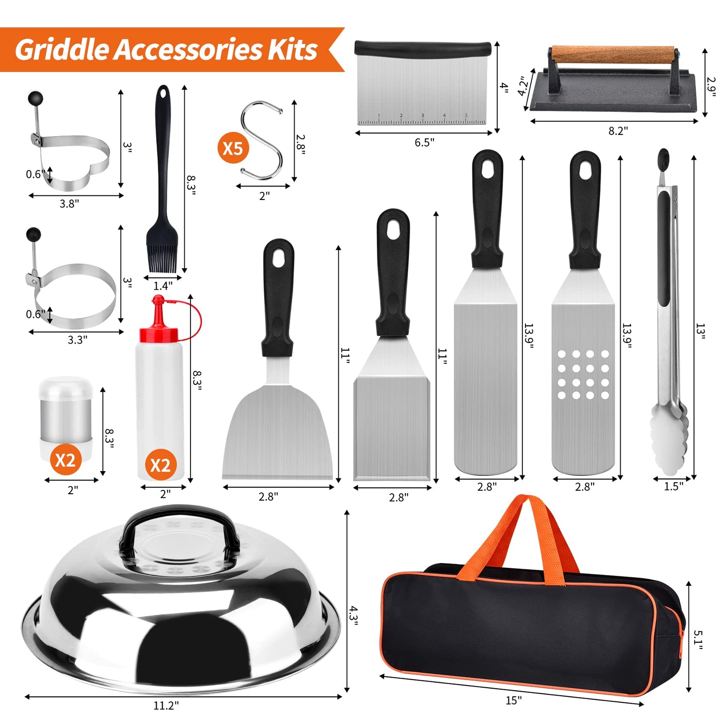 Bbcuepro 21 PCS Griddle Accessories Kit - Stainless Steel Flat Top Grill Spatula Kit for Outdoor Barbecue Teppanyaki Camping Cooking, Blackstone and Camp Chef - Professional Grill BBQ Spatula Set