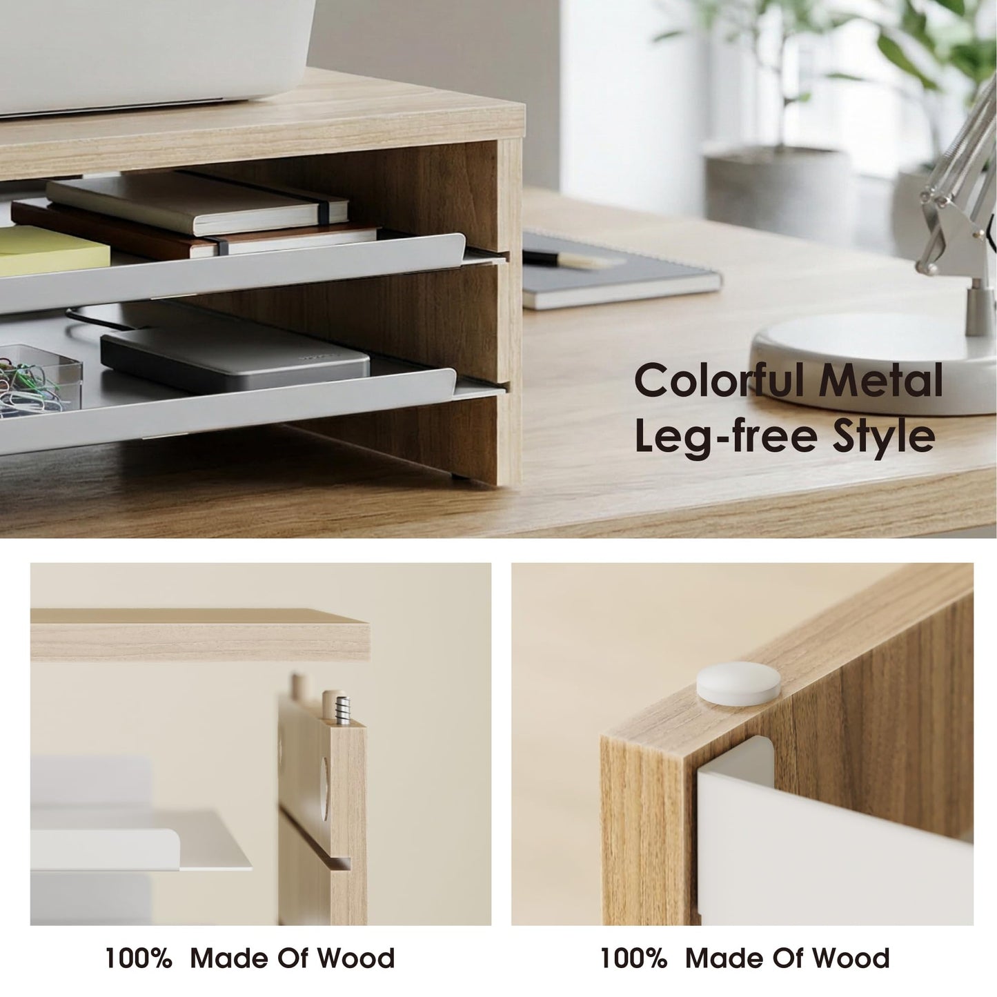 FENGE Monitor Stand, 3-Tier Monitor Riser with Slide-Out Tray, Wooden and Metal Desktop Organizer for Home Office, Computer, Laptop, Printer, Telephone,Oak