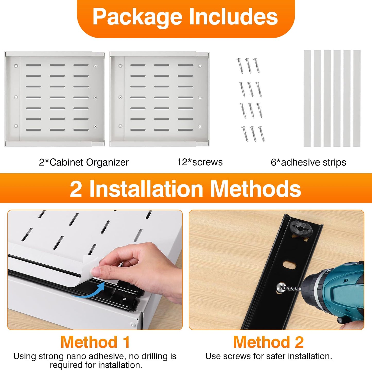 2 Pack Pull out Cabinet Organizer Sliding Shelf, 16.7" Deep, Expandable(12.2"-21.3") Slide Out Drawers for Kitchen 0rganizers and Storage, Heavy Duty with Adhesive Nano Film Or Screw,Roll Out Drawers