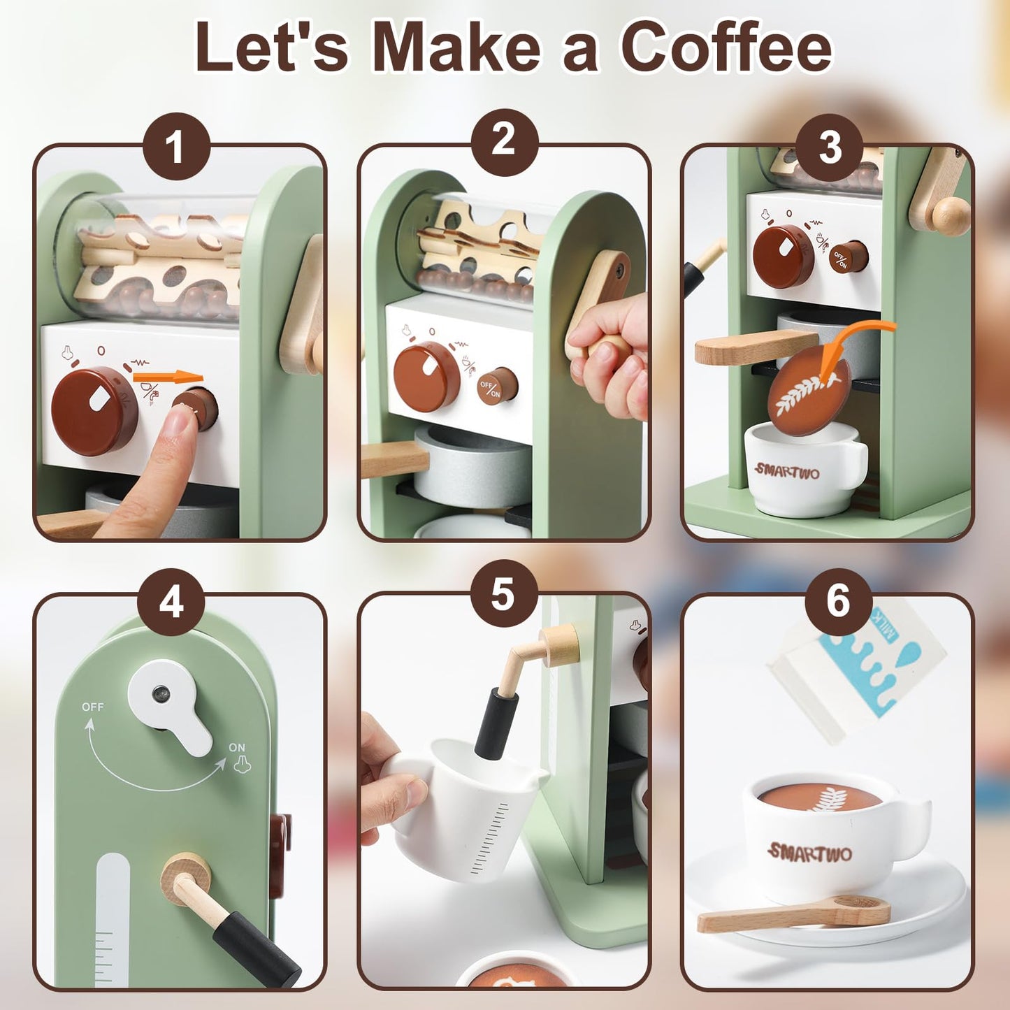 Smartwo Montessori Toy of Coffee Maker Playset, Wooden Kitchen Accessories Play Food for Toddler Pretend Play, Choice for Boys and Girls 3 4 5 6 Years Old