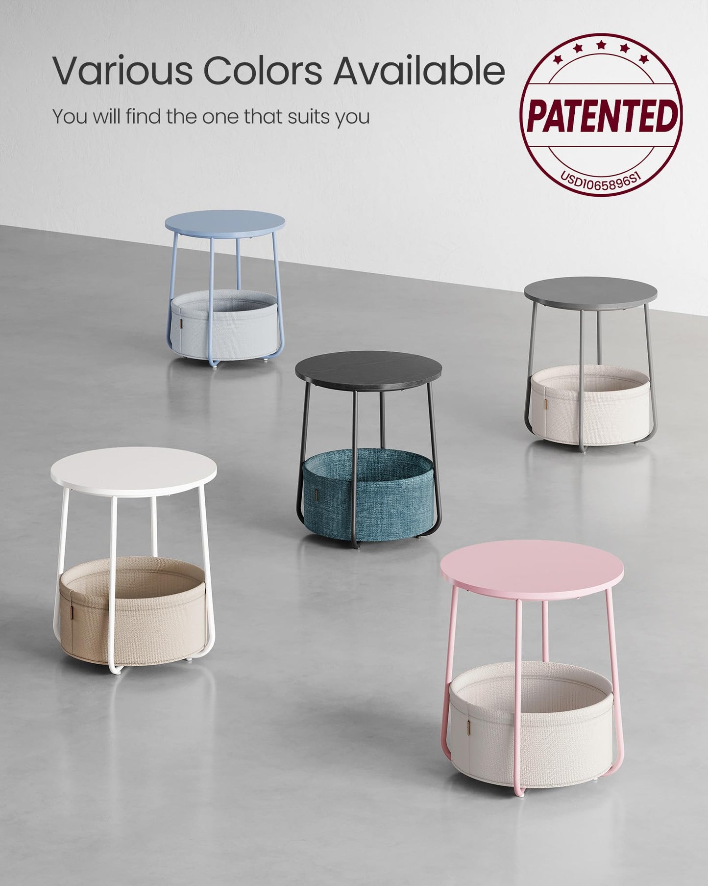 VASAGLE LILEA Collection - Small Round Side End Table, Modern Nightstand with Fabric Basket, Cement Gray and Cream White ULET223G49