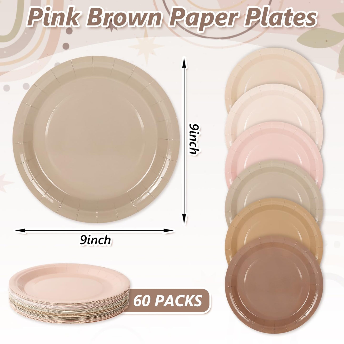 Whaline 60Pcs Fall Brown Paper Plates 9 Inch Autumn Gradient Brown Color Round Plates Neutral Boho Disposable Plates for Fall Harvest Thanksgiving Party Wedding Baby Shower Tableware Supplies