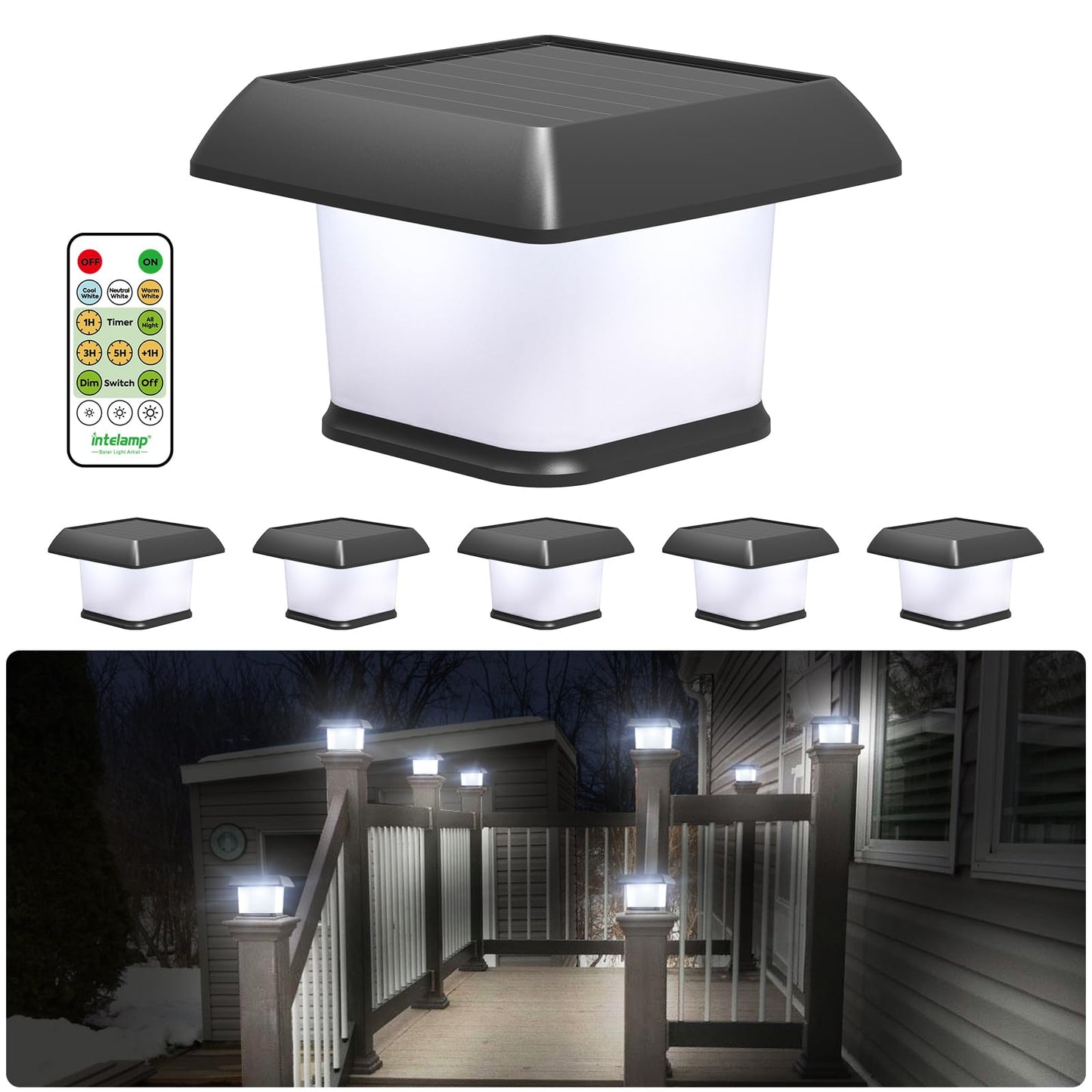 intelamp Solar Post Cap Lights, Outdoor Fence Post Lights Solar Powered Caps for Deck, Patio, Garden Decor, Warm White High Brightness LED Lighting,Lamp Fits for 4x4 5x5 6x6 Wooden Posts