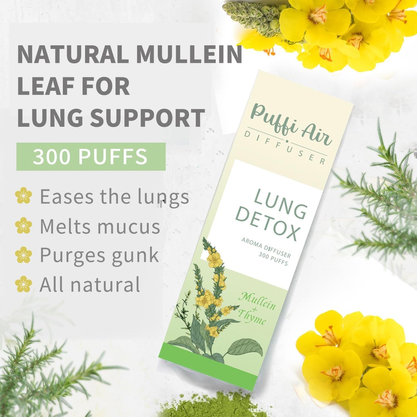Herbal Diffuser Pen with Extracts of Mullein, Thyme and Mint for Lung Cleansing, Breathing Improvement, Oral Air Freshening and Quitting Bad Habit - 300 Uses (2-Pack)