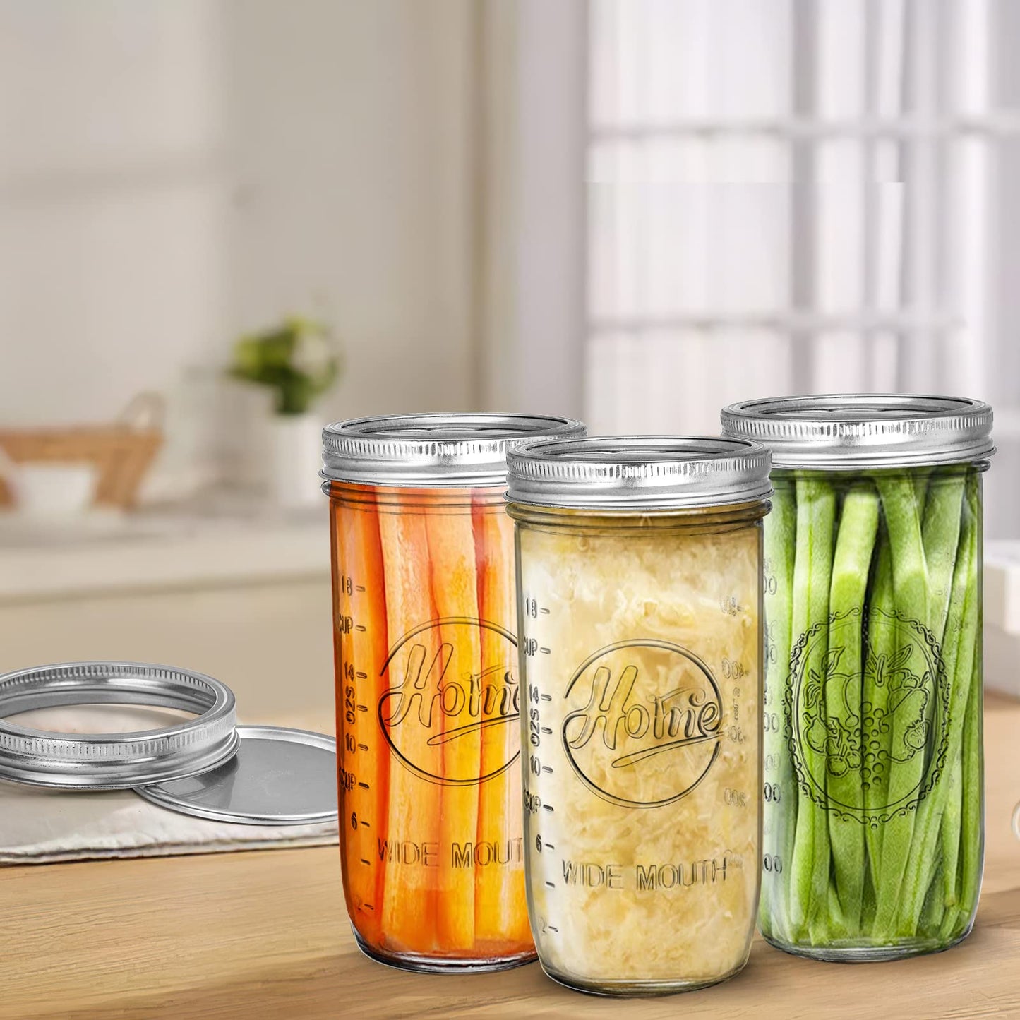 Tebery 6 Pack Wide Mouth Home Glass Mason Jars with Airtight Lids and Bands, 24-Ounce Canning Glass Jars for Canning, Fermenting, Pickling, Meal Prep, Overnight Oats, Jam, Jelly