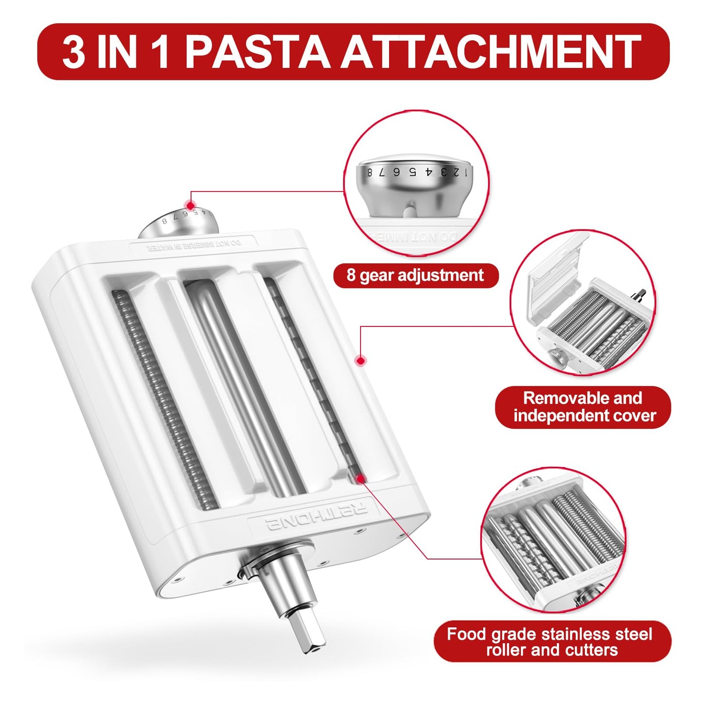 RETHONE Pasta Maker Attachment for KitchenAid Stand Mixers -3 in 1 Set Pasta Attachments Includes Pasta Roller, Spaghetti Fettuccine Cutter, Pasta Machine Attachment Accessories for KitchenAid