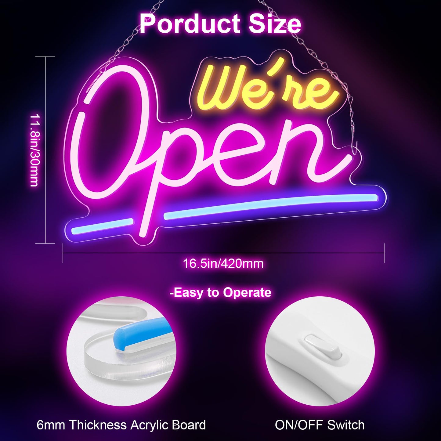 Liomus Neon Open Signs for Business, We Are OPEN Bright Neon Light Up Sign for Window Party Store Shop Bars With Business Hours Sign,16.5”x11.8” with ON/OFF Switch