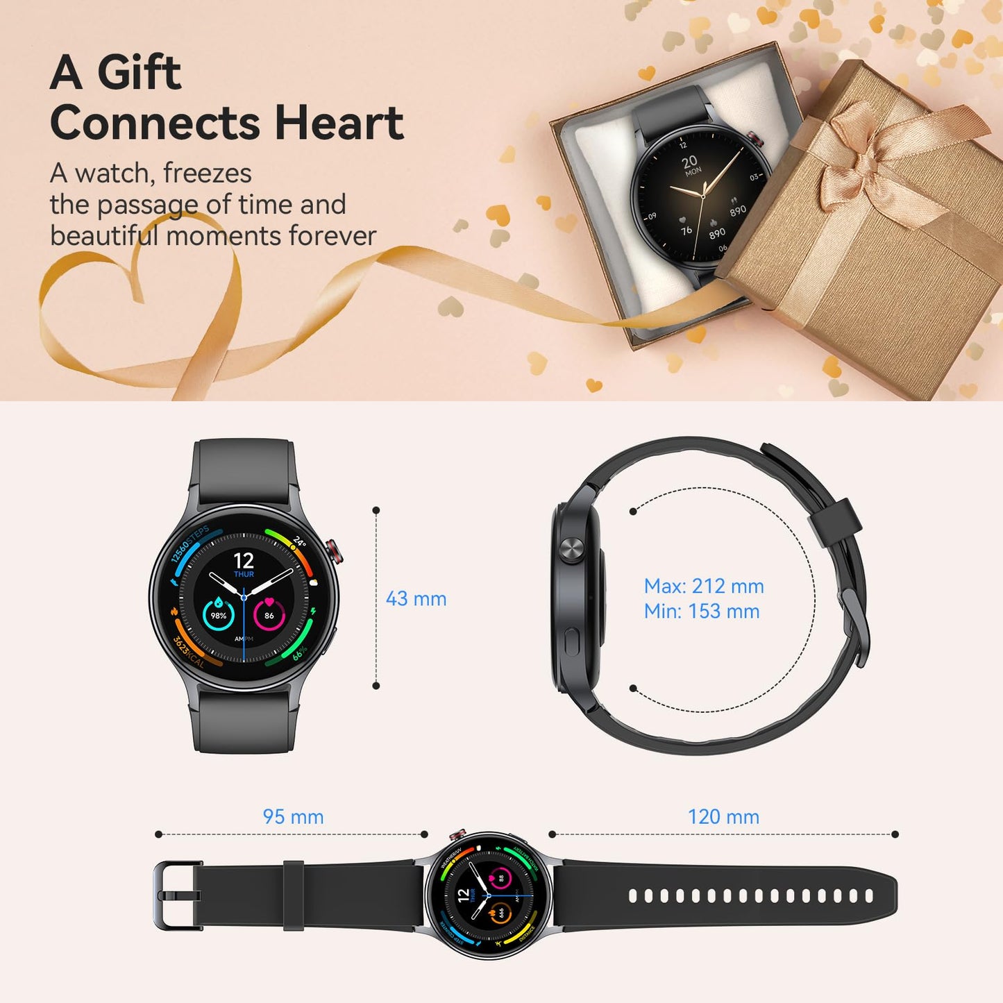 aeac Smart Watch for Men Women, AMOLED Ultra-Clear Screen Activity Trackers with Heart Rate/Sleep/SpO2 Monitor, Waterproof Fitness Smartwatch for iPhone/Samsung/Android（Black）