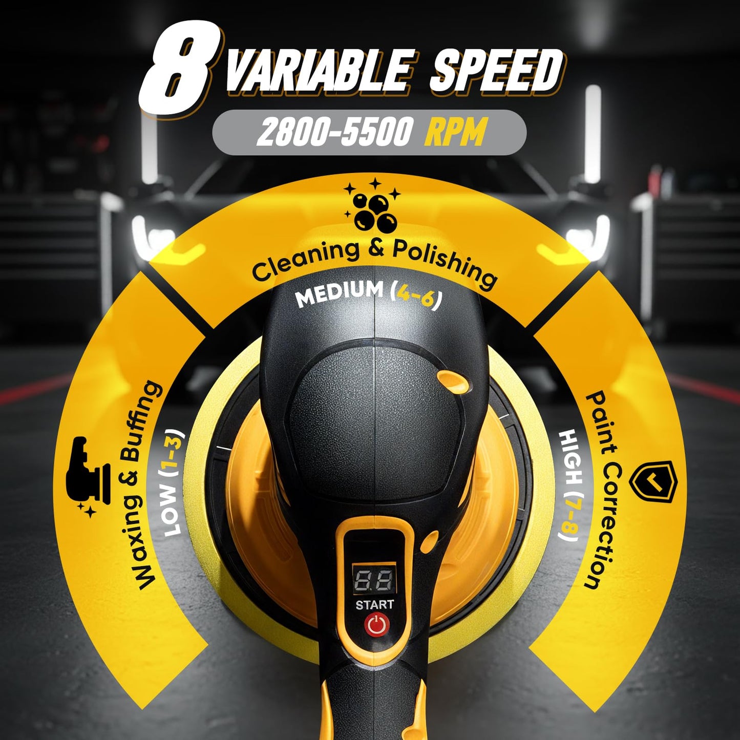 CHUFA Cordless Car Buffer Polisher Kit for Dewalt 20V Battery(Battery Not Included), 8 Variable Speed 5500RPM, 6 in Brushless Dual Action Random Polishing Machine , Orbital Polisher for Car Detailing