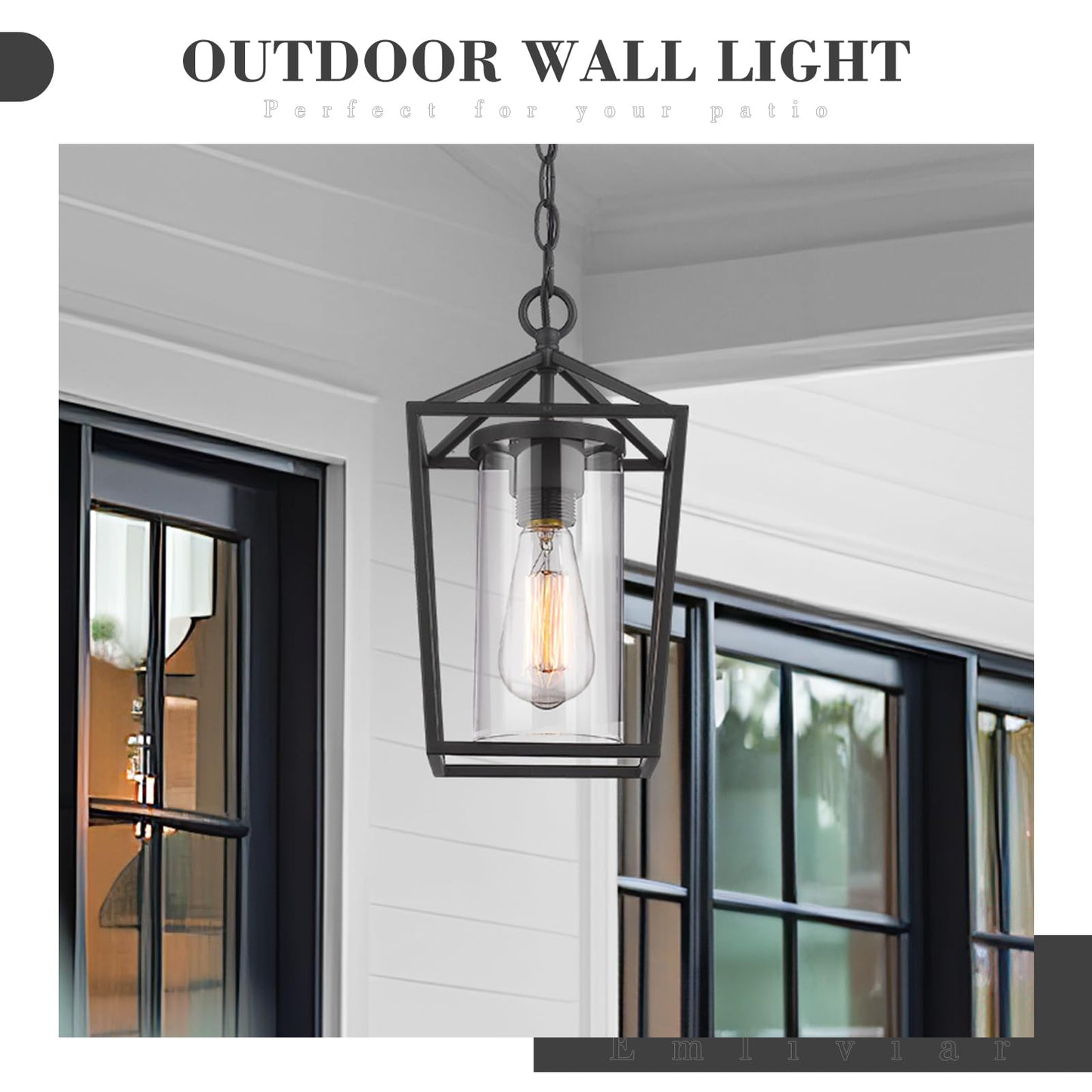 Emliviar Modern Outdoor Pendant Light, 1-Light Outdoor Hanging Lantern Light in Black Finish with Clear Glass, 20065H BK