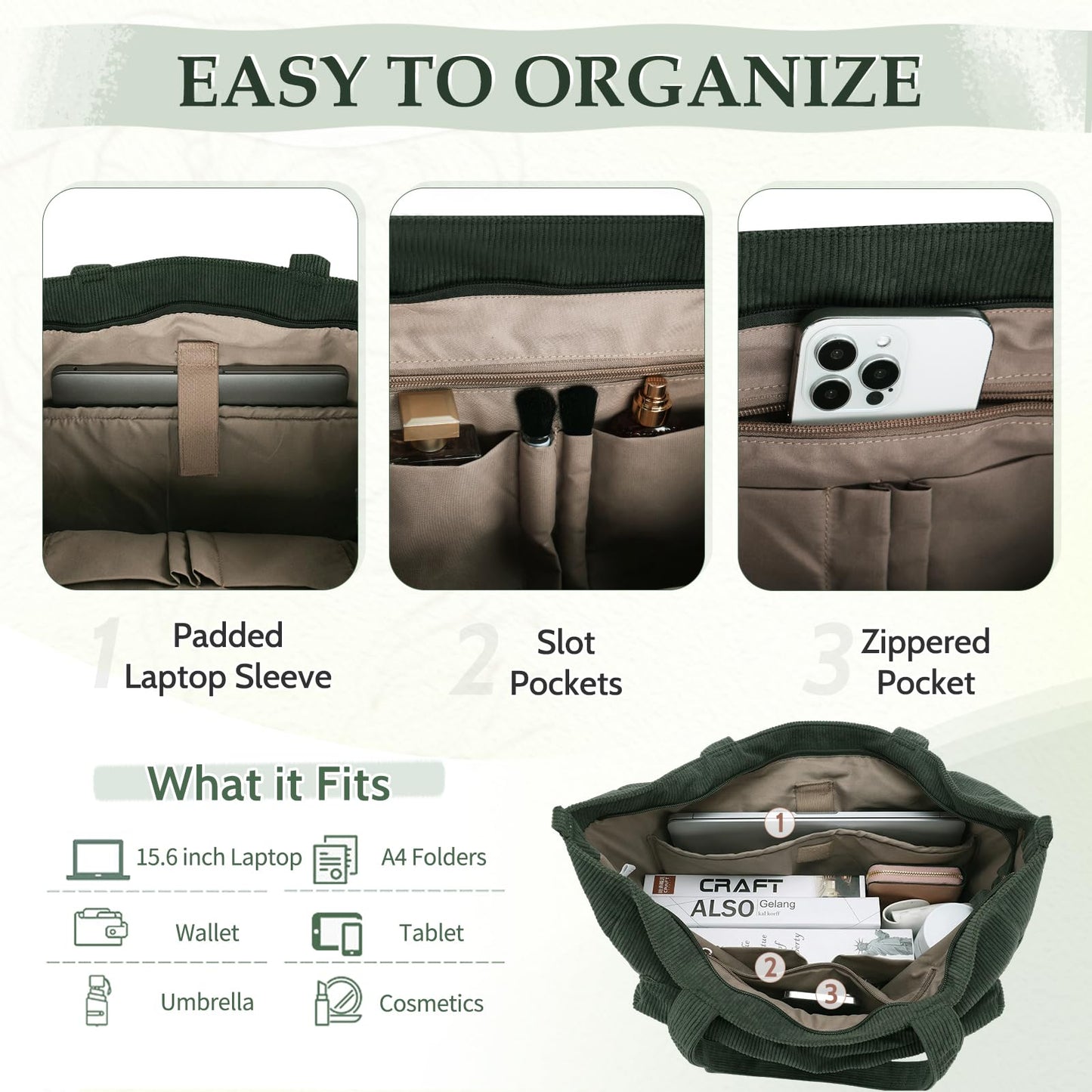 Kasqo Corduroy Tote Bag for Women, Extra Large Zippered Crossbody Shoulder Purse with 15.6" Laptop Compartment for Work Travel School College, Army Green