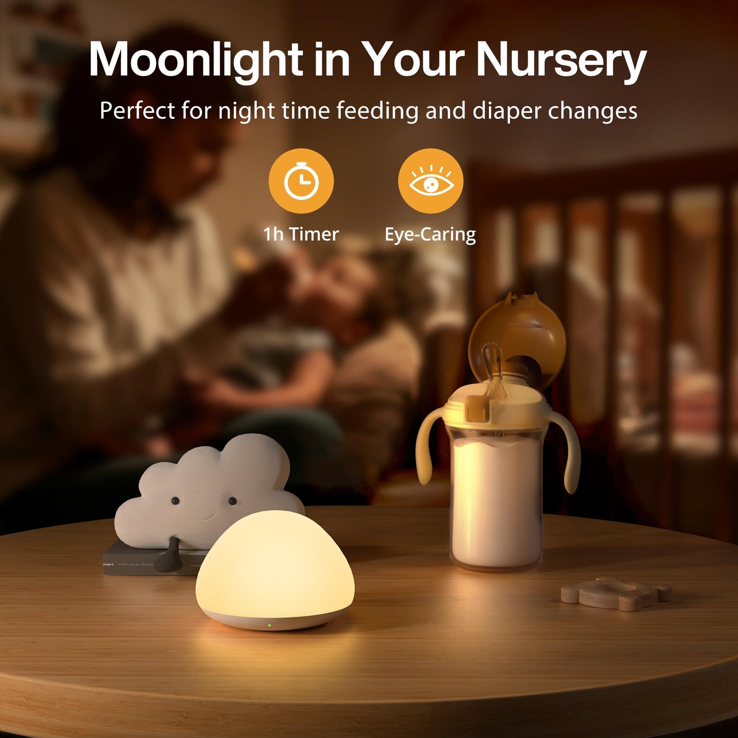 JolyWell Baby Night Light for Nursery, BPA-Free Silicone Tap Control Lamp with 4-Level Warm Light, 8 Colours, 1-Hour Timer, Rechargeable Portable Night Light for Babies and Toddlers
