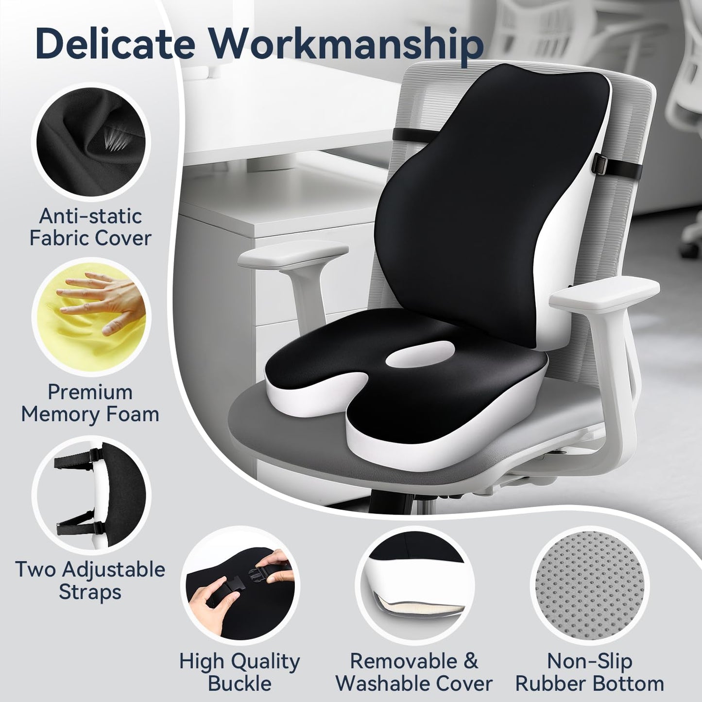 Travel Ease Memory Foam Seat Cushion & Lumbar Support Pillow Set, Ergonomic Comfort for Office Chair, Car Seat, Home Use & Travel, Chair Pad for Back and Butt Support, Black