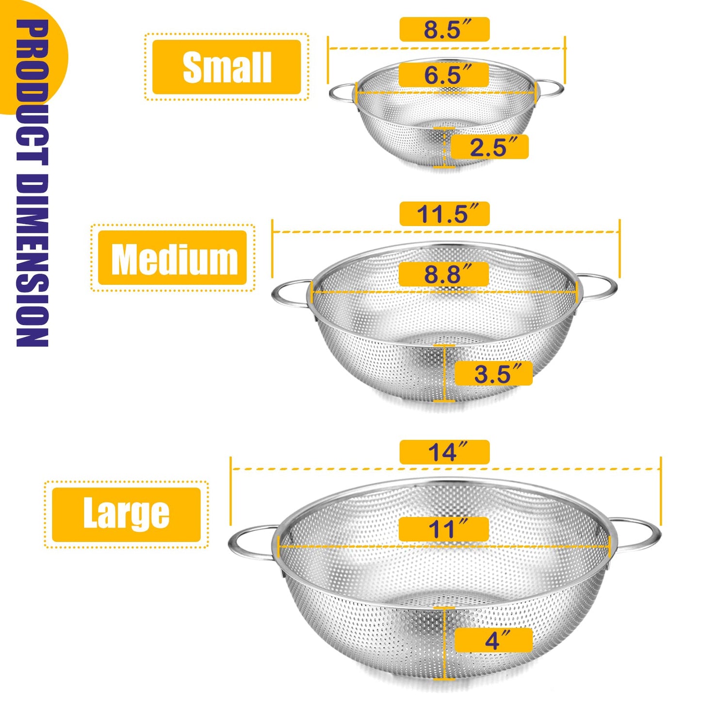 E-far Stainless Steel Colander Set of 3 (1-3-5Quart), Micro-Perforated Metal Colander Strainer with Handle for Kitchen/Draining Pasta/Rinsing Vegetables Fruits, Heavy Duty & Dishwasher Safe