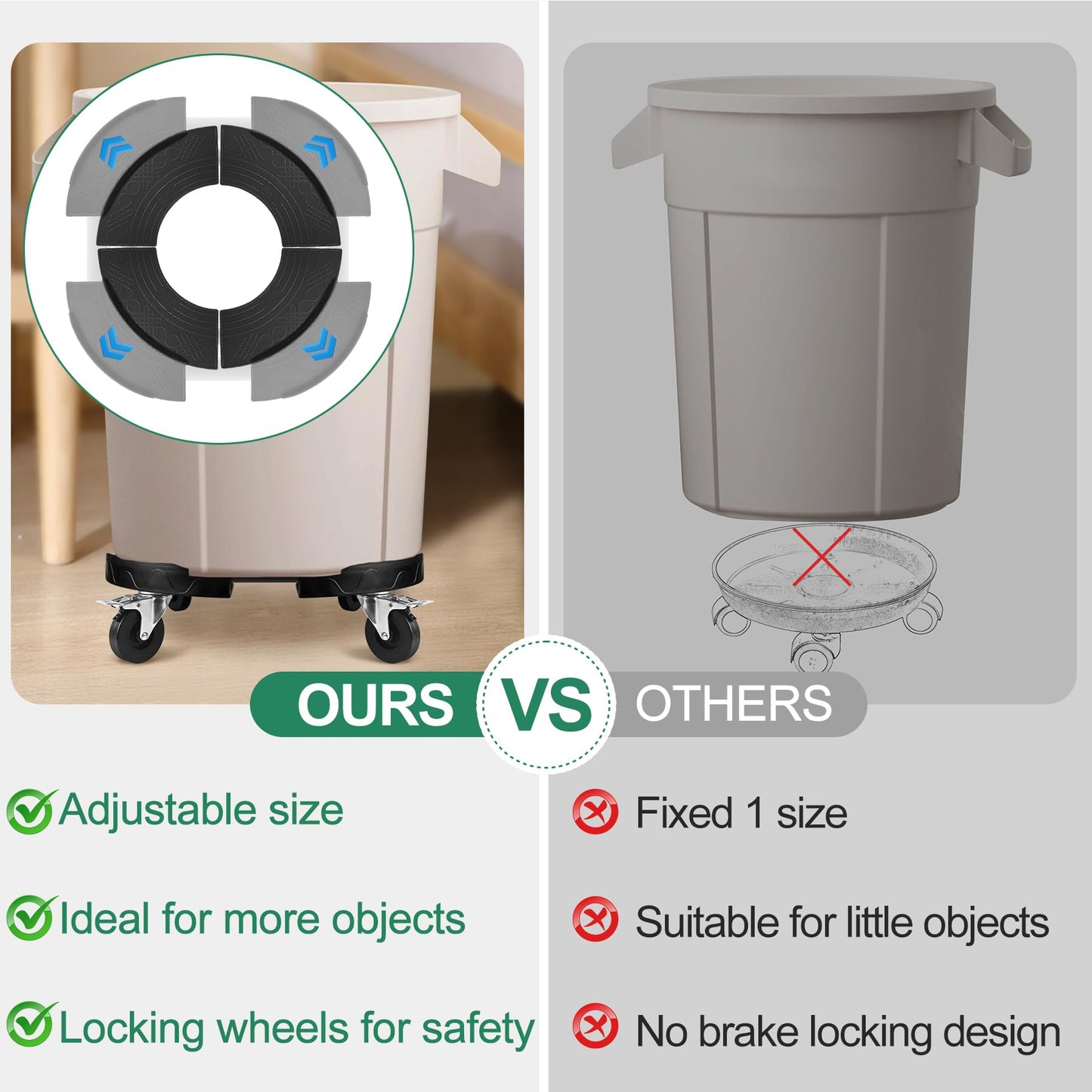 ToLanbbt Trash Can Dollies with Upgraded Wheels, 15-19 in Adjustable Round Furniture Dollies, Drum Rolling Bases Heavy Duty 480 LBS Keg Bases for Garbage Cans, Wine Barrels, Plants, Black, 2 Pack