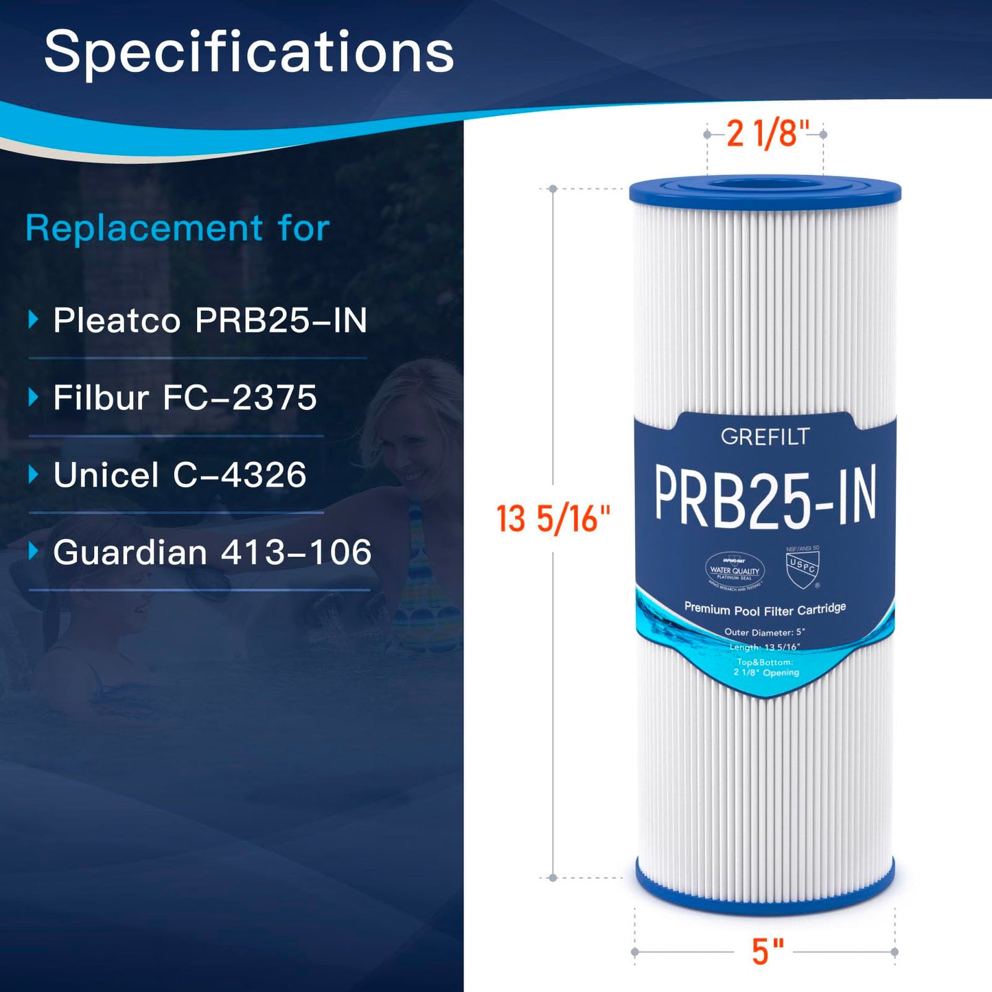 Grefilt Upgrade Hot Tub Filter Compatible with PRB25-IN, Unicel C-4326, Filbur FC-2375, FC-2370, Spa Filter Replacement for Guardian 413-106, 5X13 Drop in, 25 sq.ft. 2-Pack