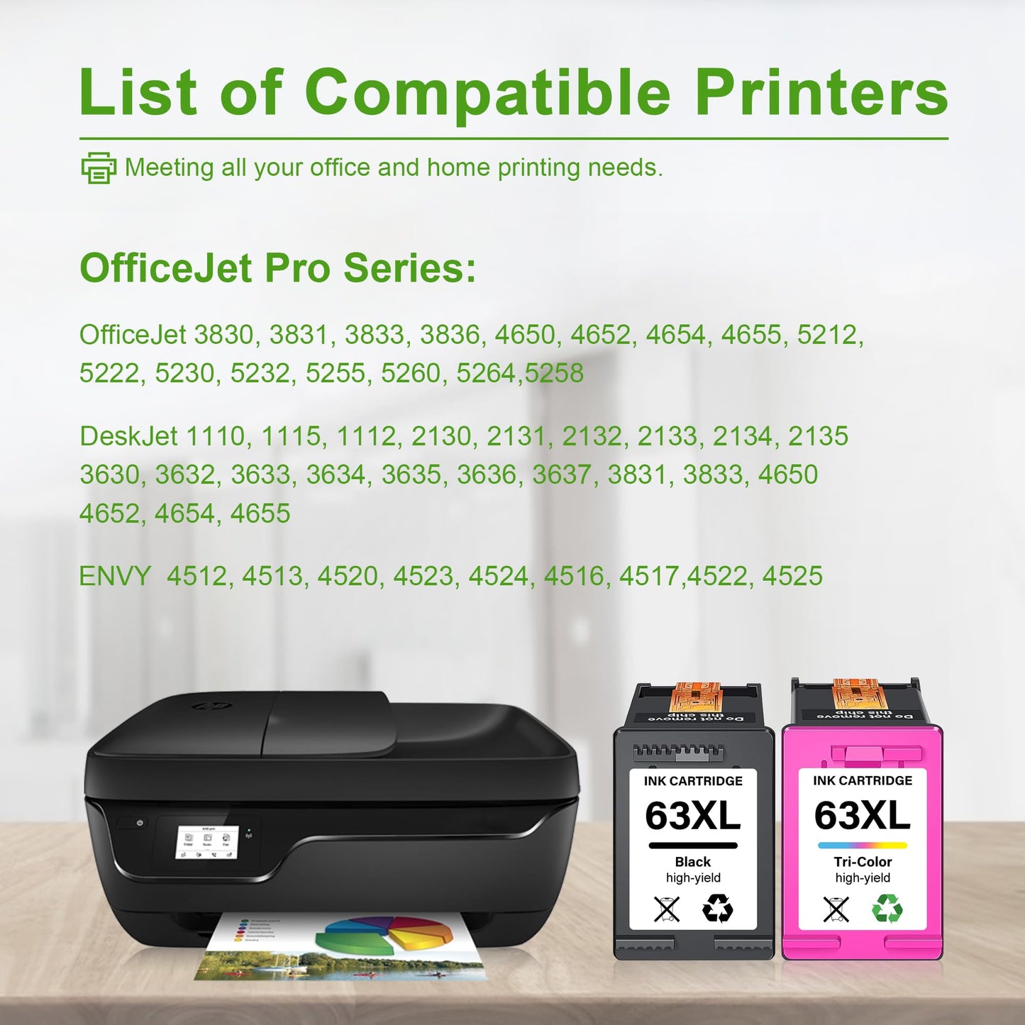 63XL Ink Cartridges 2-Pack(Black/Tri-Color) Replacement for HP 63XL Ink Works for Deskjet 1110 1112 2130 2132 3630 3632 Envy 4512 4513 4516 4522 Officejet 3830 4650 4655 5255 5258 Printer