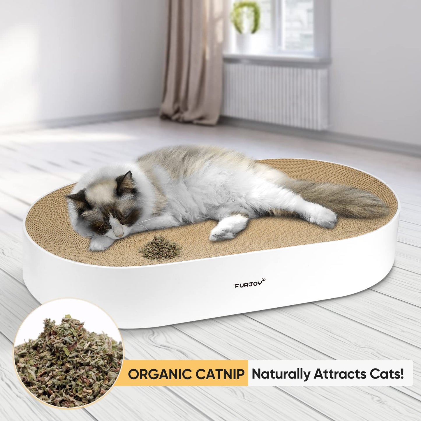 Cat Scratcher, 63x 35 x 10cm Oval Corrugated Cardboard Scratch Pad, Round Cat Scratching Lounge Bed Sofa, Cat Scratcher Bowl with Organic Catnip [ Home Clean Design with Scratcher Box]