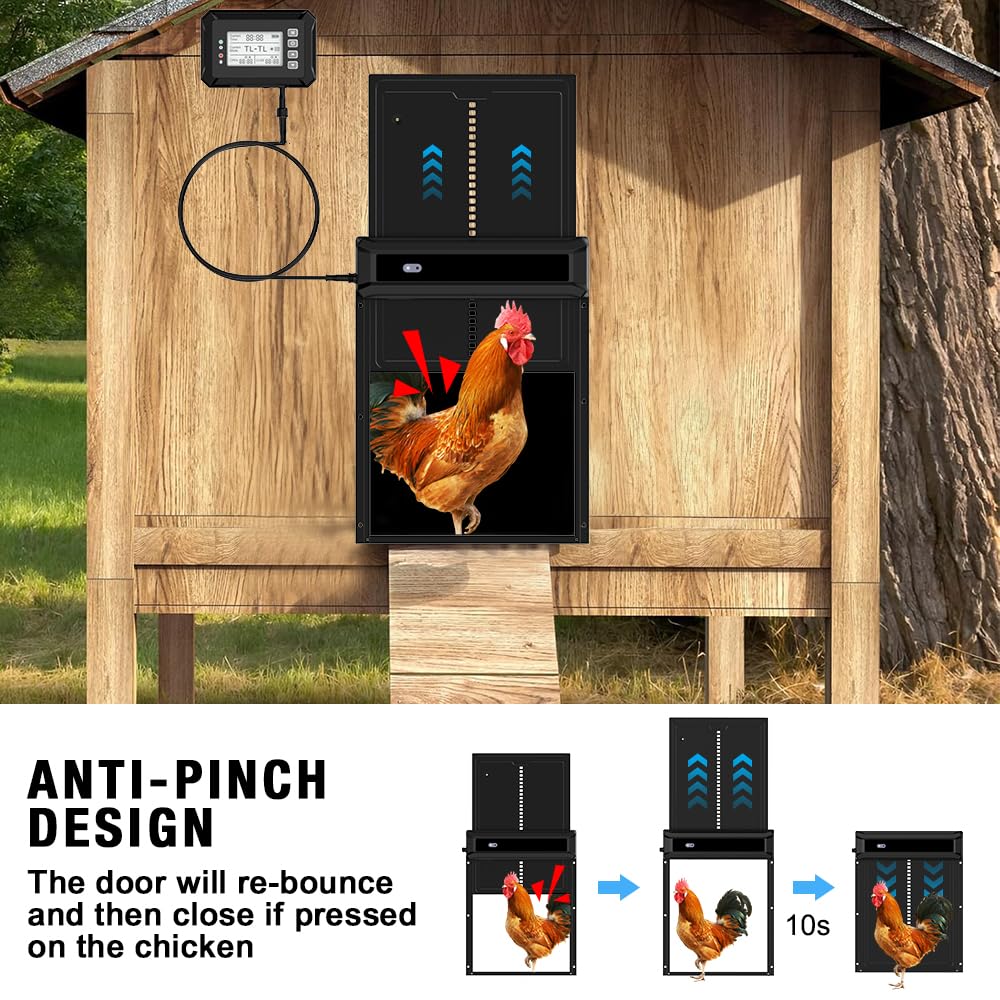 Large Size Automatic Chicken Coop Door Solar Powered Chicken Door with Independent LCD Display and Remote Control, Anti-Pinch & Aluminum Alloy Weather Proof Electric Coop Accessories with 4 Modes