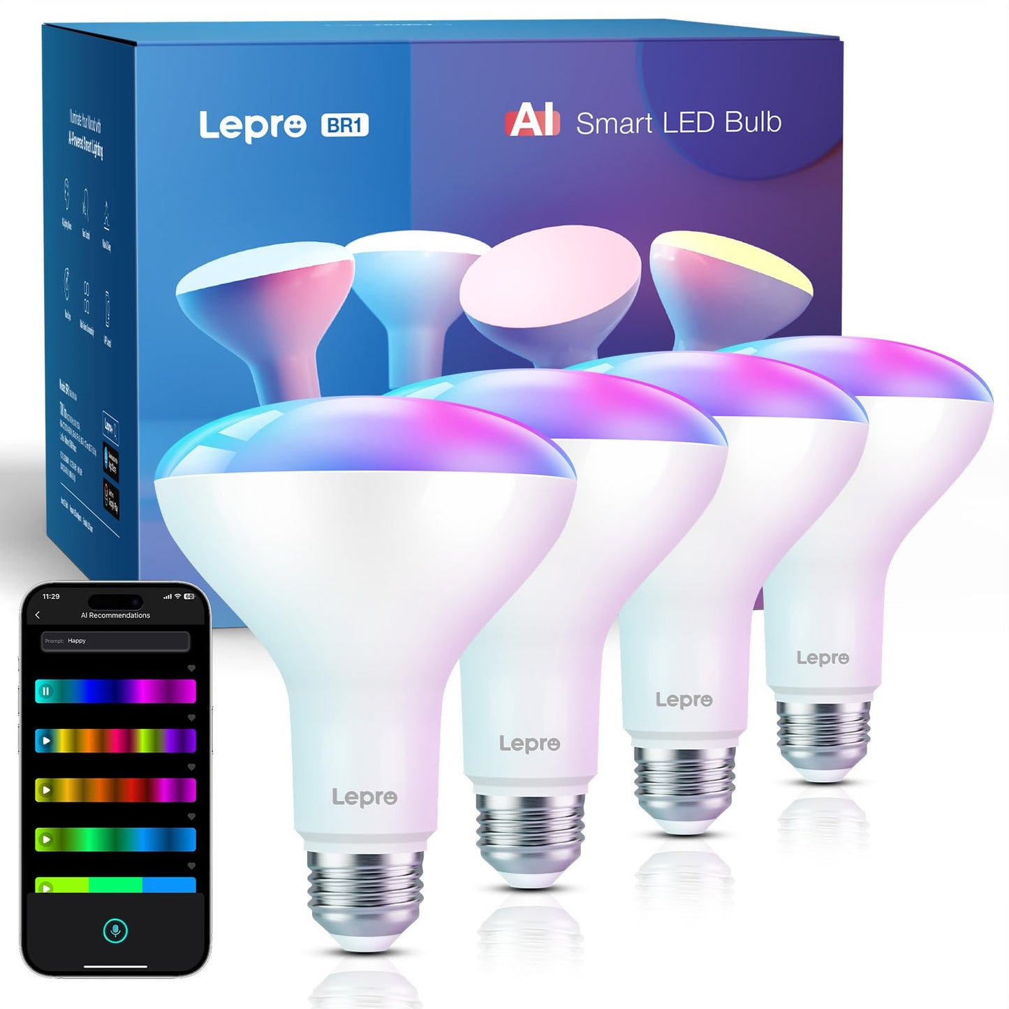Lepro BR1 AI Smart Light Bulbs, Dimmable BR30 Bulbs, Work with Alexa & Google Home, Music Sync, RGBWW Colour Changing Light Bulb, Flood Light Bulbs, WiFi & Bluetooth Via Lepro App, LLM, E26, 4 Pack