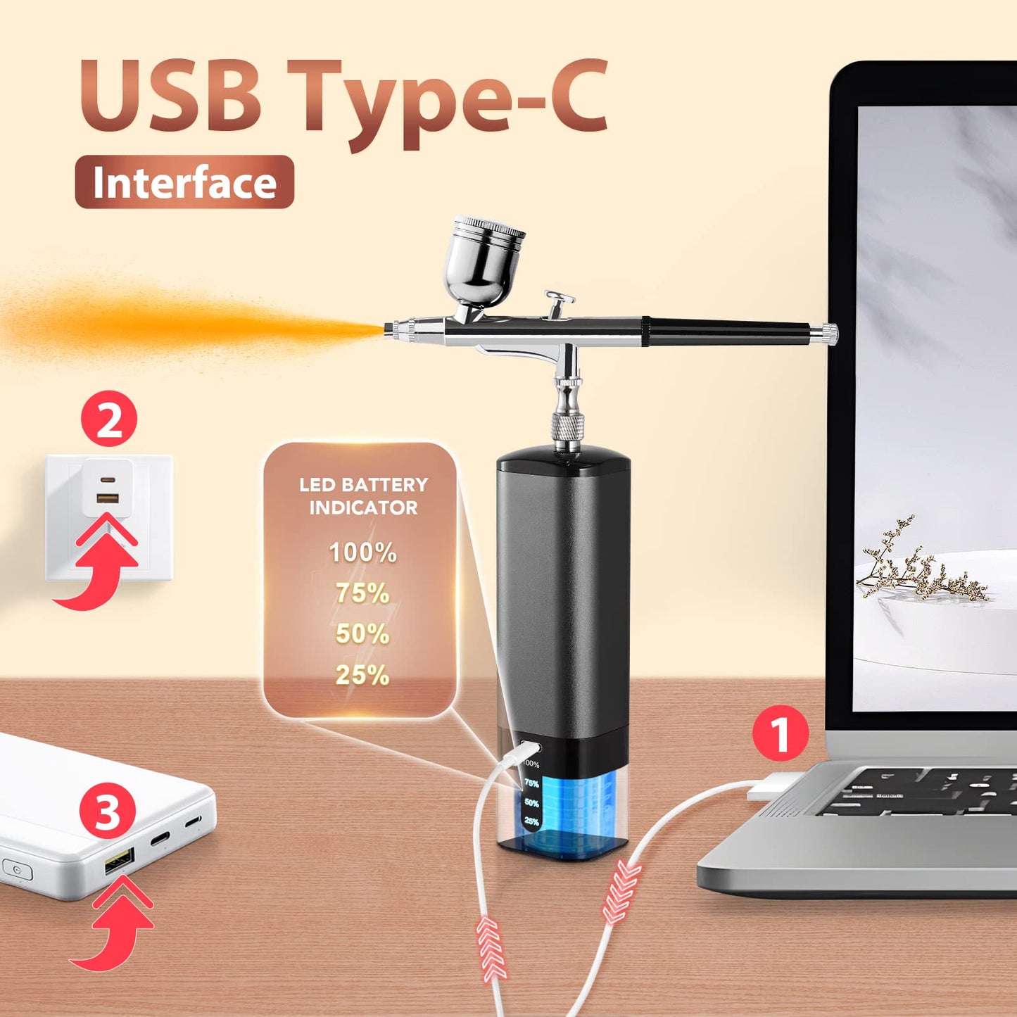 Cordless Airbrush Kit with Compressor, 32PSI Handheld Mini Air Brush Gun Set, Portable High Pressure Air Brushes for Painting, Tattoo, Nail Art, Mode, Makeup, Cake, Barber (Black)