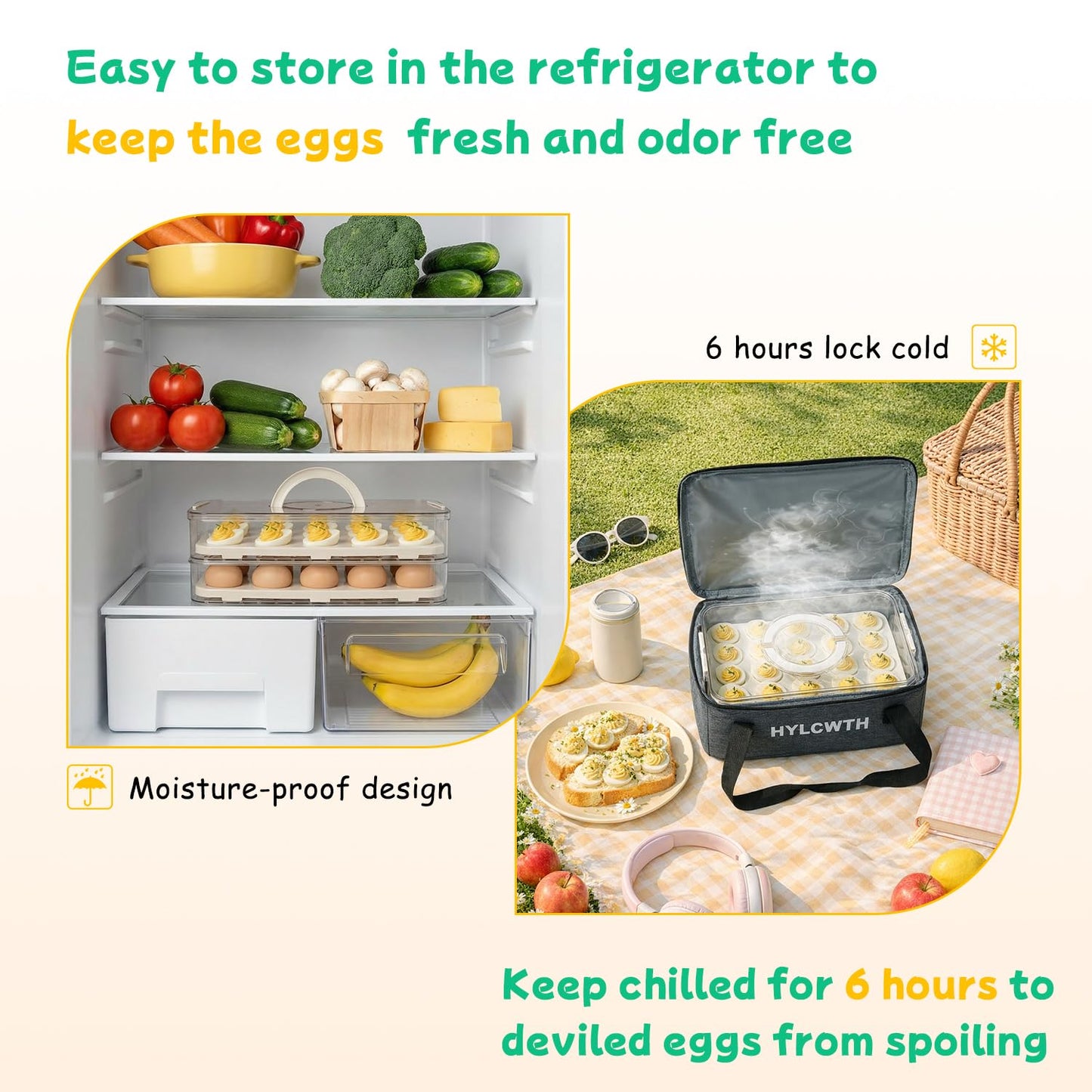 2 Pack Deviled Egg Containers with Lid, Durable Deviled Egg Platter, Fridge Portable Egg Tray with Lids for Party, Thickened Deviled Egg Carrier with Portable Insulated Bag & Piping Decorating Kit