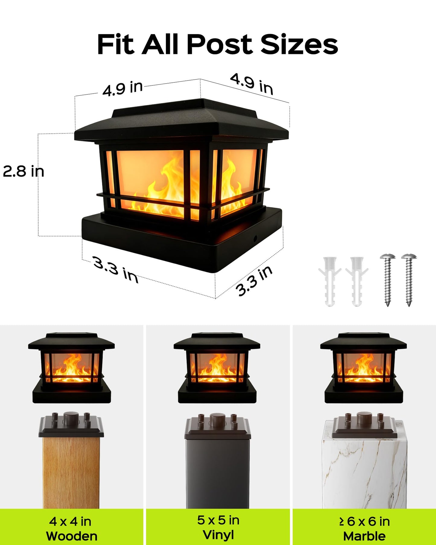 8 Pack Solar Flame Post Lights Outdoor, Solar Powered Fence Post Cap Lights, High Brightness Flickering Flame SMD LED Lighting Decor for Garden Deck Patio, 4x4, 5x5 Vinyl/Wooden Posts