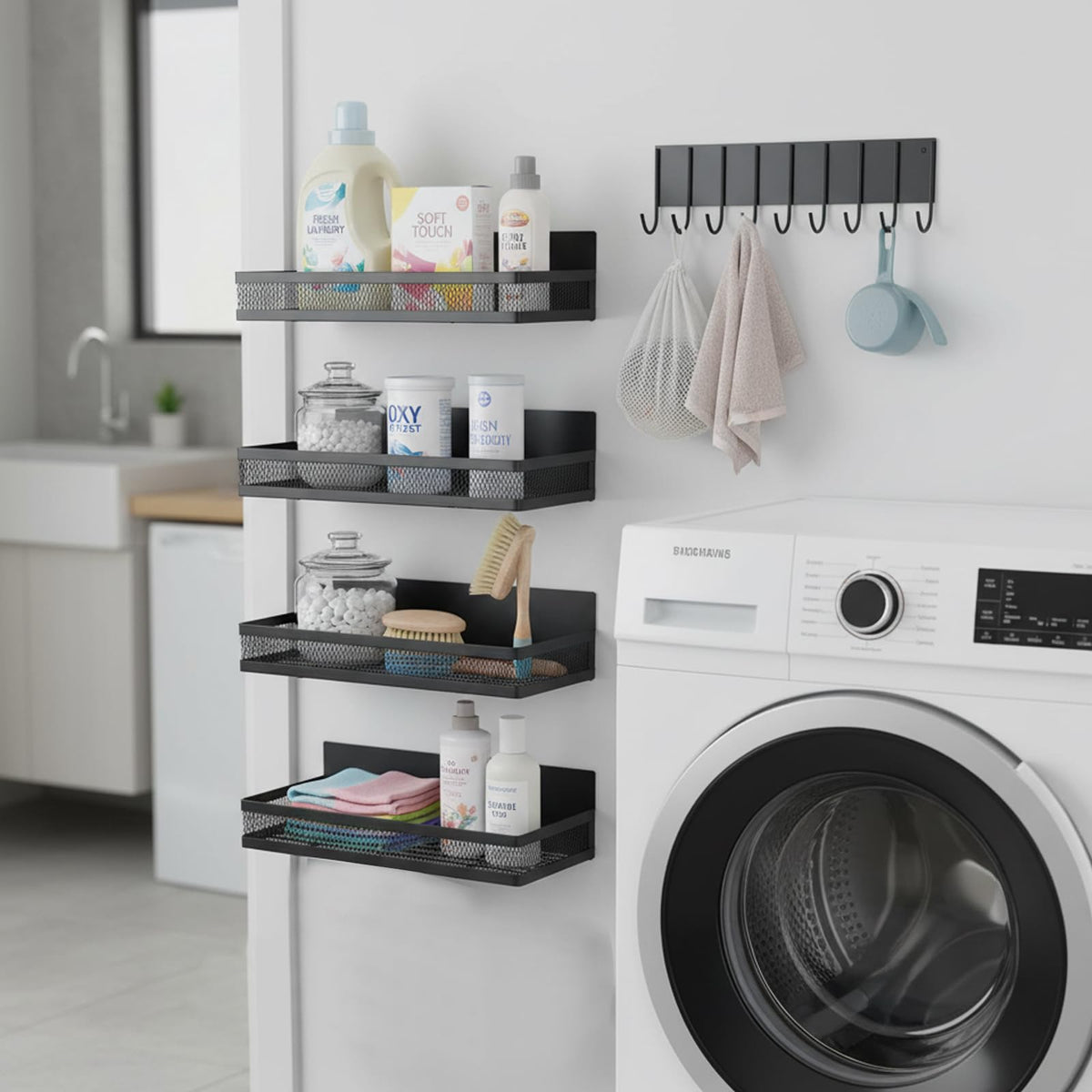 Dewsea Magnetic Shelves for Washing Machine 5 Pack, Multipurpose Metal Storage Baskets with Space-Saving Design, Magnetic Spice Rack & Laundry Organizer for Kitchen, Bathroom & Laundry Room (Black)
