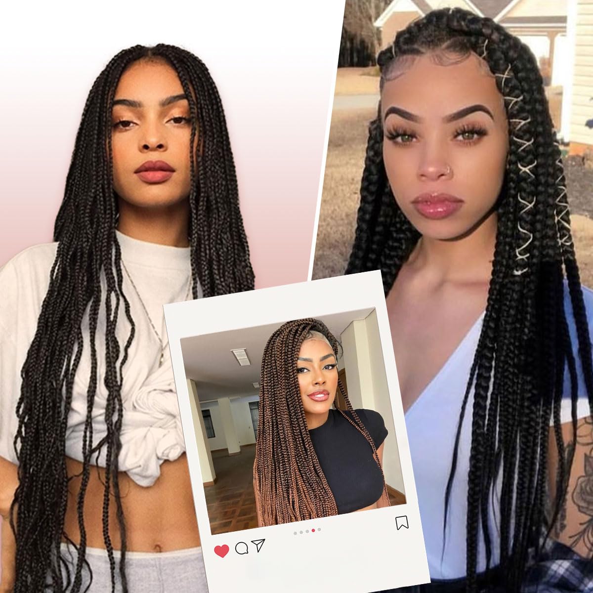 QUISDUIS 36" 360° HD Single-layer Full Lace Braided Wigs for Black Women, Square Knotless Box Braid Wig with Baby Hair Handmade Synthetic Hair Blended Lace Front Wig Natural Black
