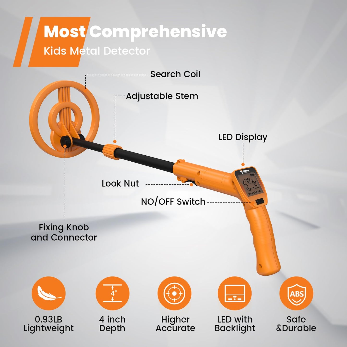 GoGonova Metal Detector, Adjustable 27.5” - 37.8” Metal Detector for Kids with LED Display, Lightweight Kids Metal Detector Kit with 6.8” Waterproof Search Coil, Gift for Boys & Girls, Orange