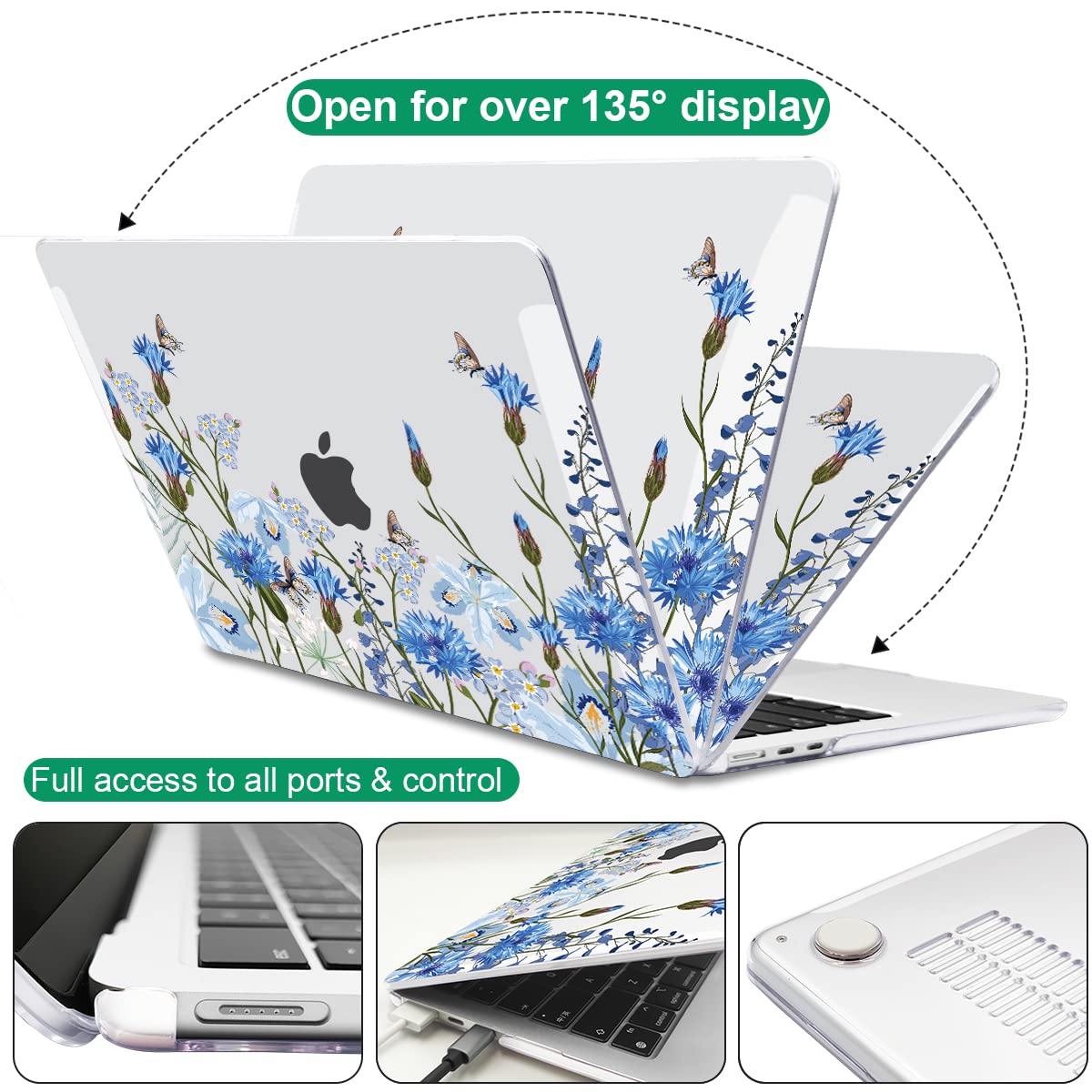 LCMOCICO Compatible with MacBook Air 13 inch Case M5 2026 2025-2022 A3449 A3240 M4 A3113 M3 A2681 M2 Chip, Crystal Pattern Plastic Hard Case Cover for Mac Air 13.6 M5 Touch ID, Tropical Blue Flowers