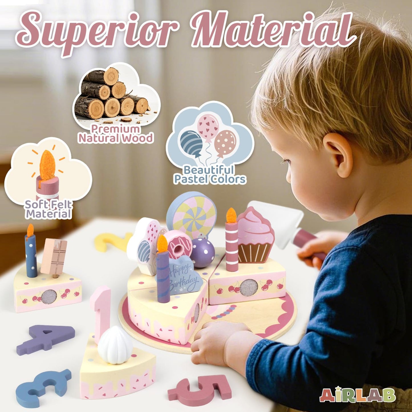 Airlab Wooden Birthday Party Cake Play Food Sets for Toddler 2 3 4 5 Year Old Girls Boys Kids Kitchen Accessories Pretend Play Toy Gift Educational Toys