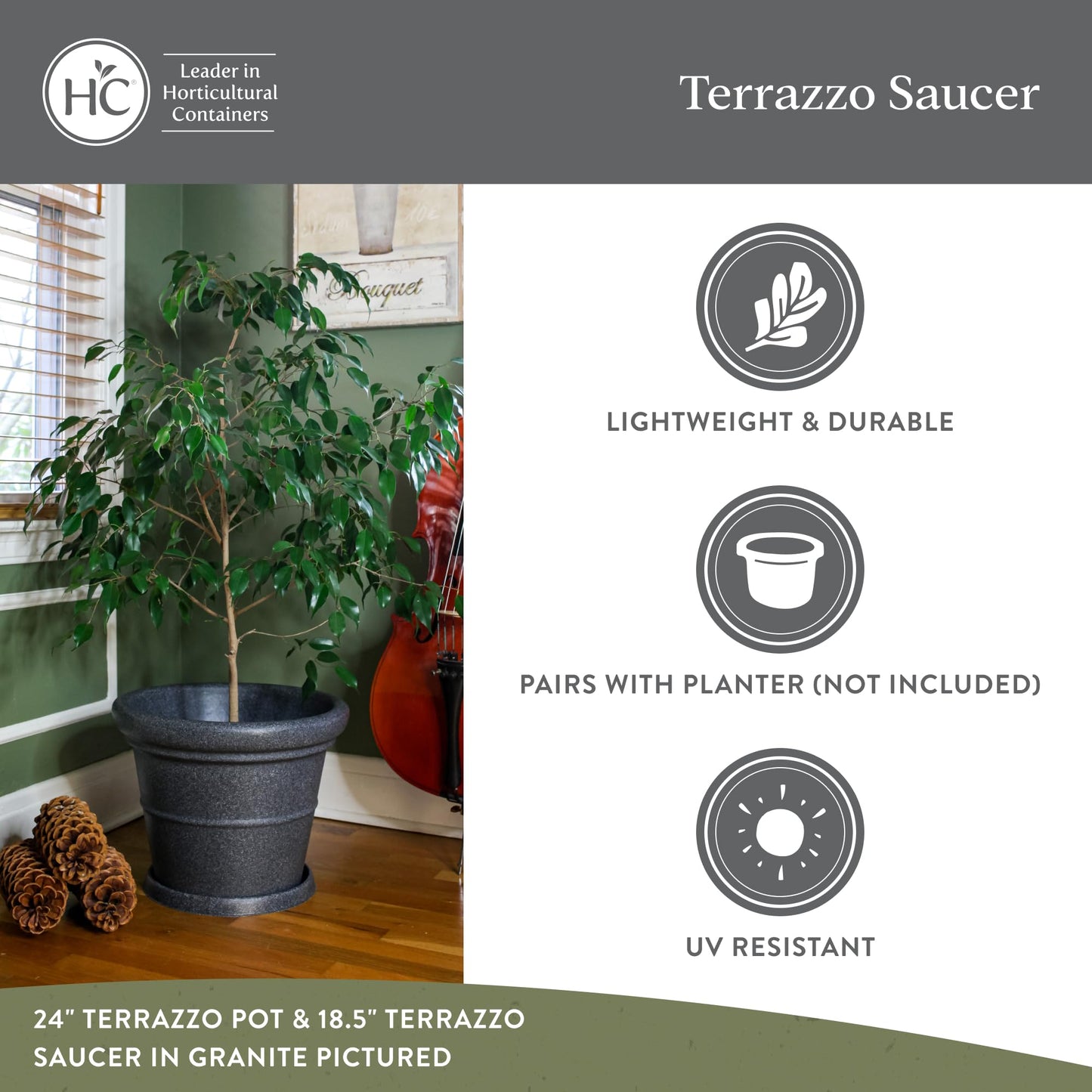 The HC Companies Terrazzo Flower Pot Saucers - Heavy-Duty Plastic Plant Saucer for Outdoors & Indoors - Plant Pot Trays for Water Drainage - Durable Round Plant Tray (18.5" Black Granite, Pack of 1)
