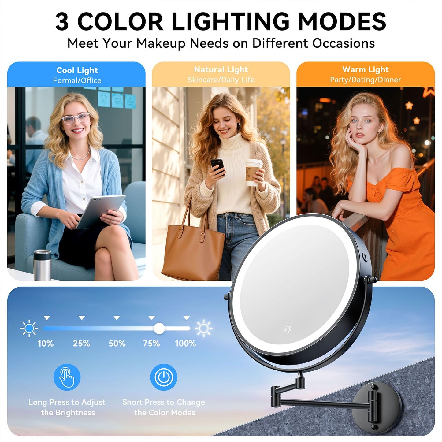 Auxmir 5000mAh Rechargeable Wall Mounted Makeup Mirror, 1X/30X Double Sided Magnifying Bathroom Mirror, 10" Lighted Vanity Mirror with 3 Color Modes, Touch Dimmable, 360° Swivel Extended Arm, Black