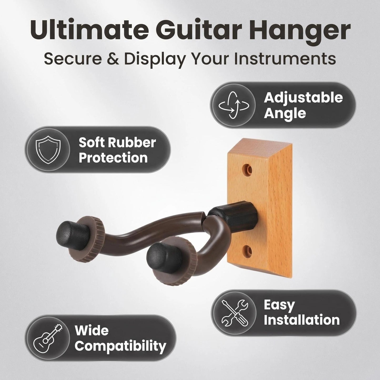 Guitar Wall Mount Hanger 6 Pack, Hardwood Guitar Hanger Wall Hook Holder Stand Display with Screws - Easy to Install - Fits All Size Guitars, Bass, Mandolin, Banjo, Ukulele
