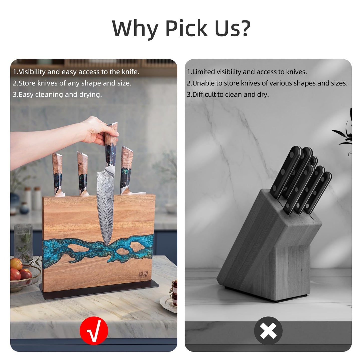 FINDKING Magnetic Knife Block, Double Sided Holder, Powerful Magnet Kitchen Storage, Acacia Wood and Blue Resin (12 x 10 Inches, Without Knives)