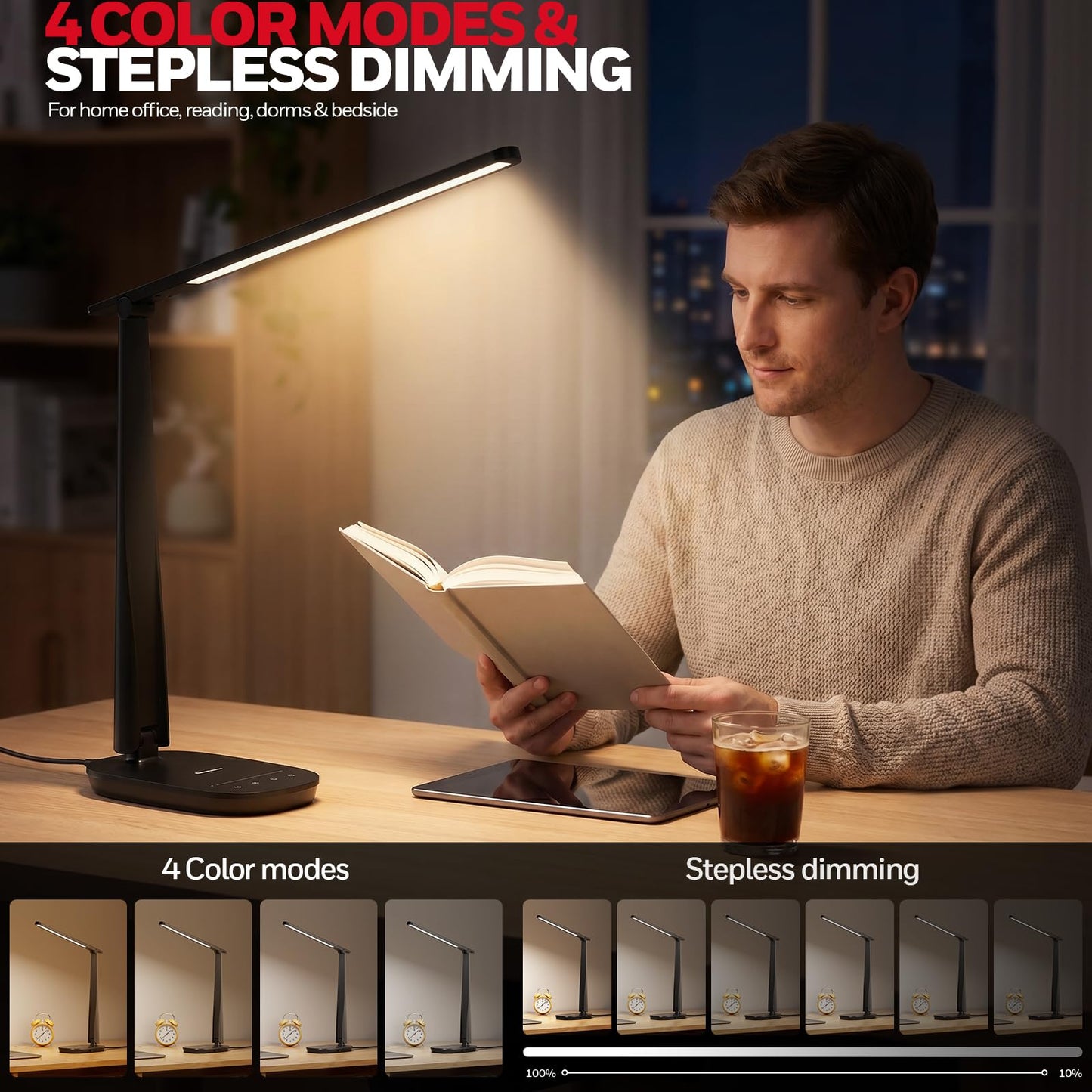 Honeywell LED Desk Lamp for Home Office, Dimmable Desk Light with USB A+C Dual Charging, 4 Modes Brightness Touch Lamp with Timer, Eye Caring Foldable Reading Light, Table Lamp for Study Nightstand