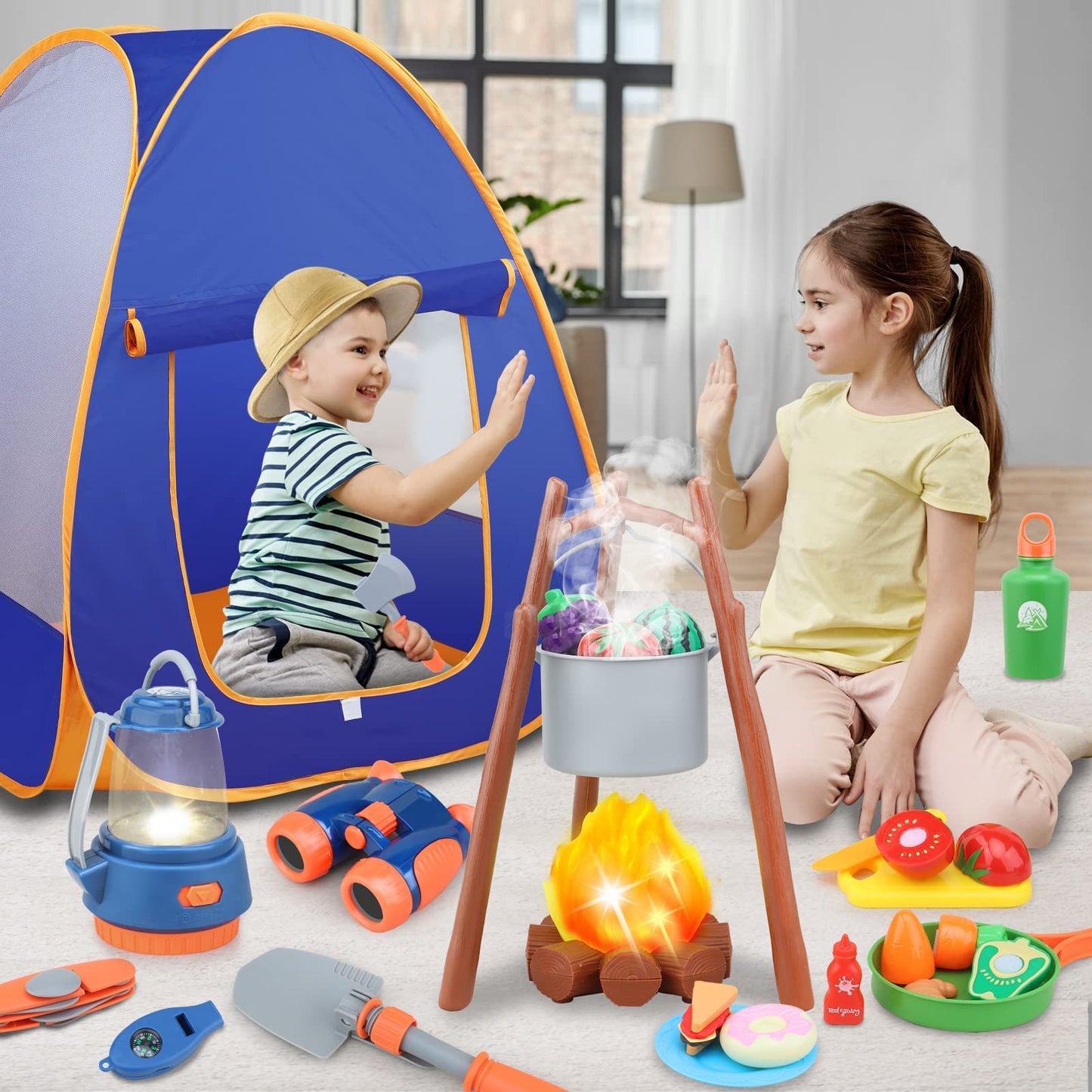 Kids Camping Set - MITCIEN Camping Gear Toys for Boys - Include Campfire/Oil Lamp/Pretend Food - Camping Set for Child Age 3 4 5 6 Year Old
