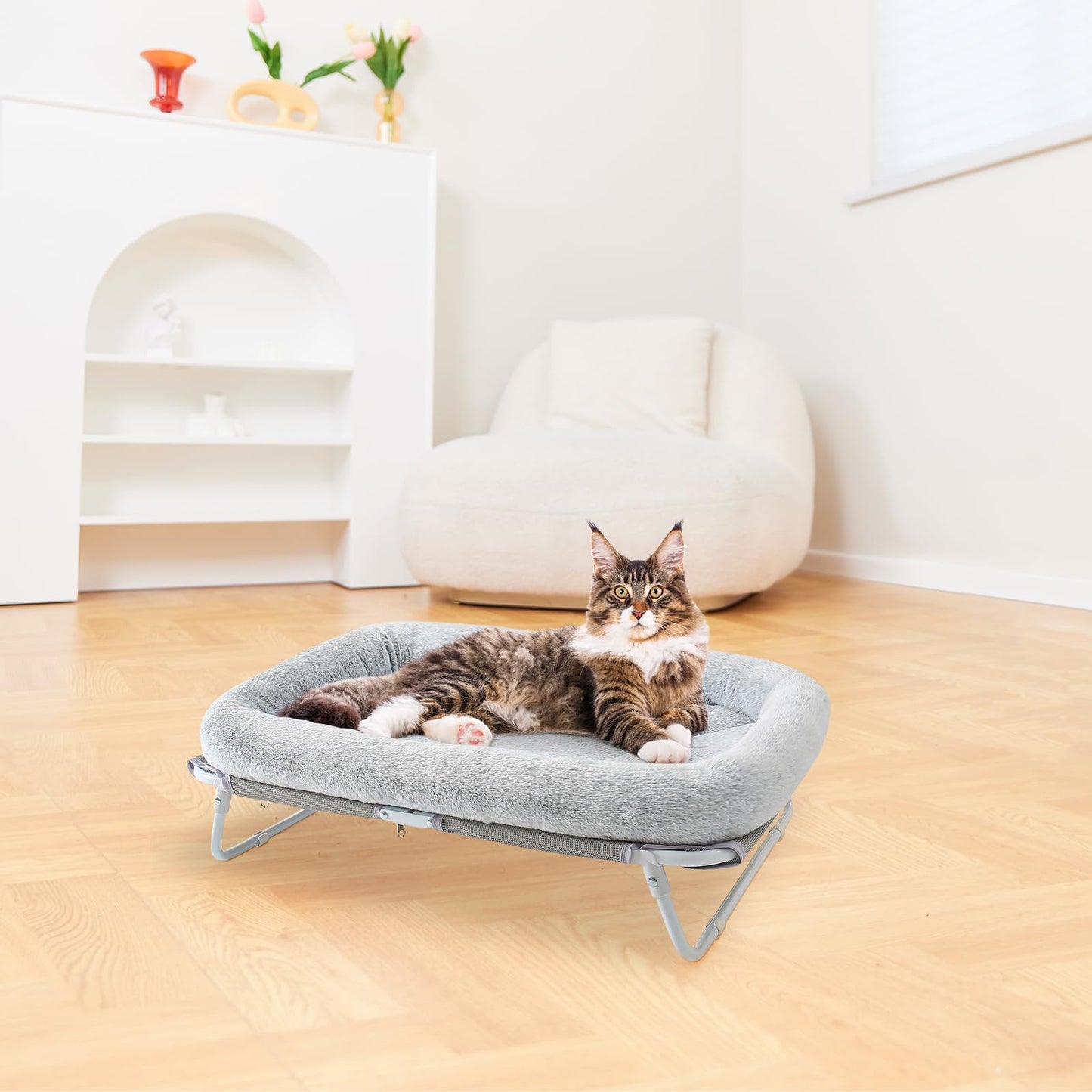 Sunhoo Cat Bed Elevated Hammock for Indoor Cats Raised Small Dog Bed Foldable Large Pet Cot Puppy Chair with Washable Cushion Outdoor Hamac Lit Pour Chat 25.2x15.75x7.48 in Easy Assembly(Grey)