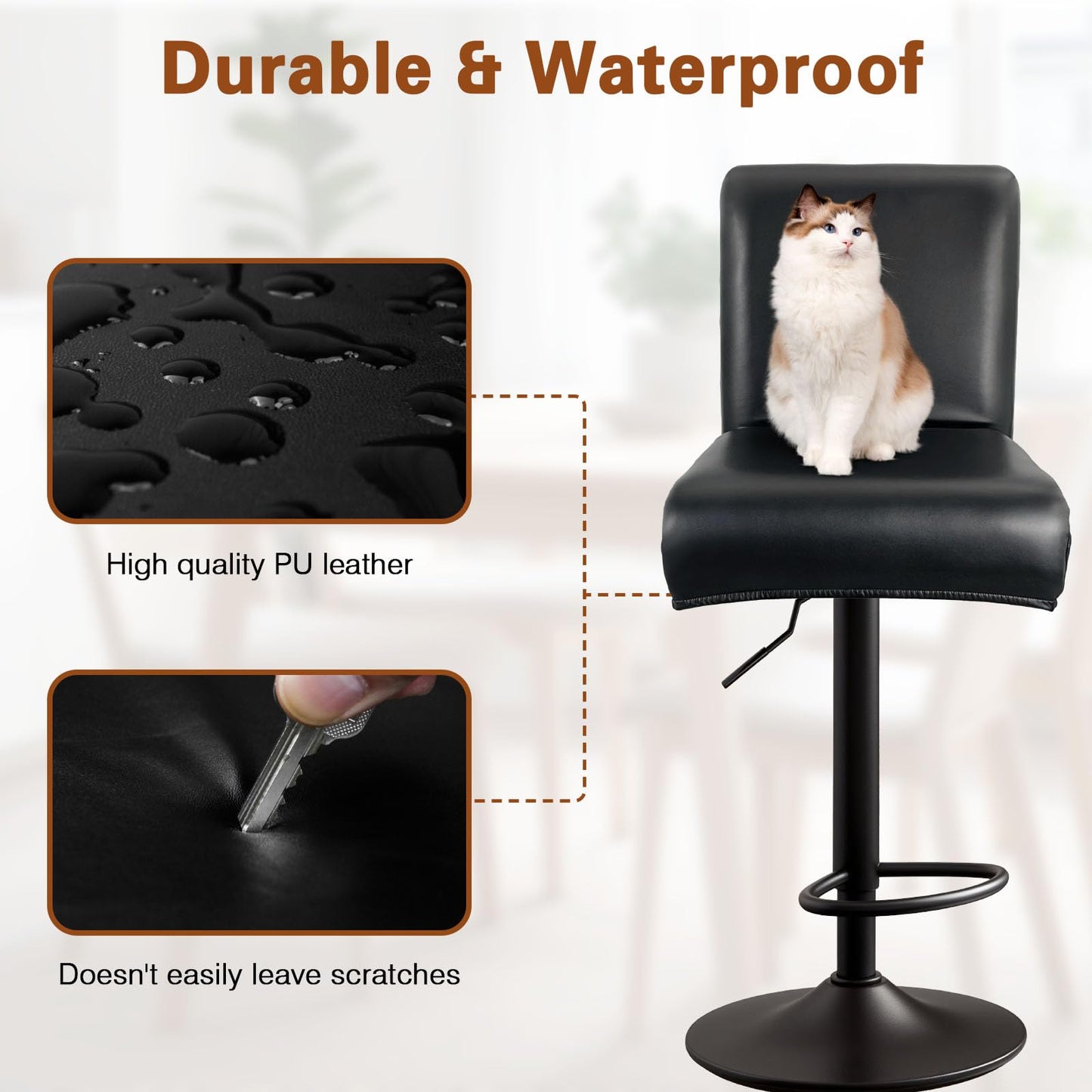 PU Leather Bar Stool Covers with Backs, 4 Pack Stretch Waterproof Bar Stool Chair Covers Washable & Comfortable Barstool Covers Slipcovers with Back for Pub/Counter/Dining Room Decoration (Black)