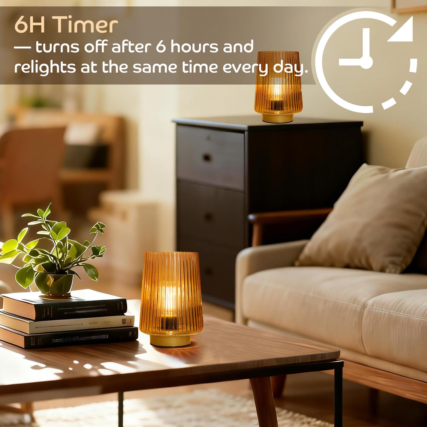 Battery Operated Lamp with Timer, Set of 2 Small Cozy Table Lamp Decorative Ambient Glass Lamp for Bedside & Home Decor, Aesthetic Cordless Battery Powered Accent Lamp for Living Room Shelf, Amber