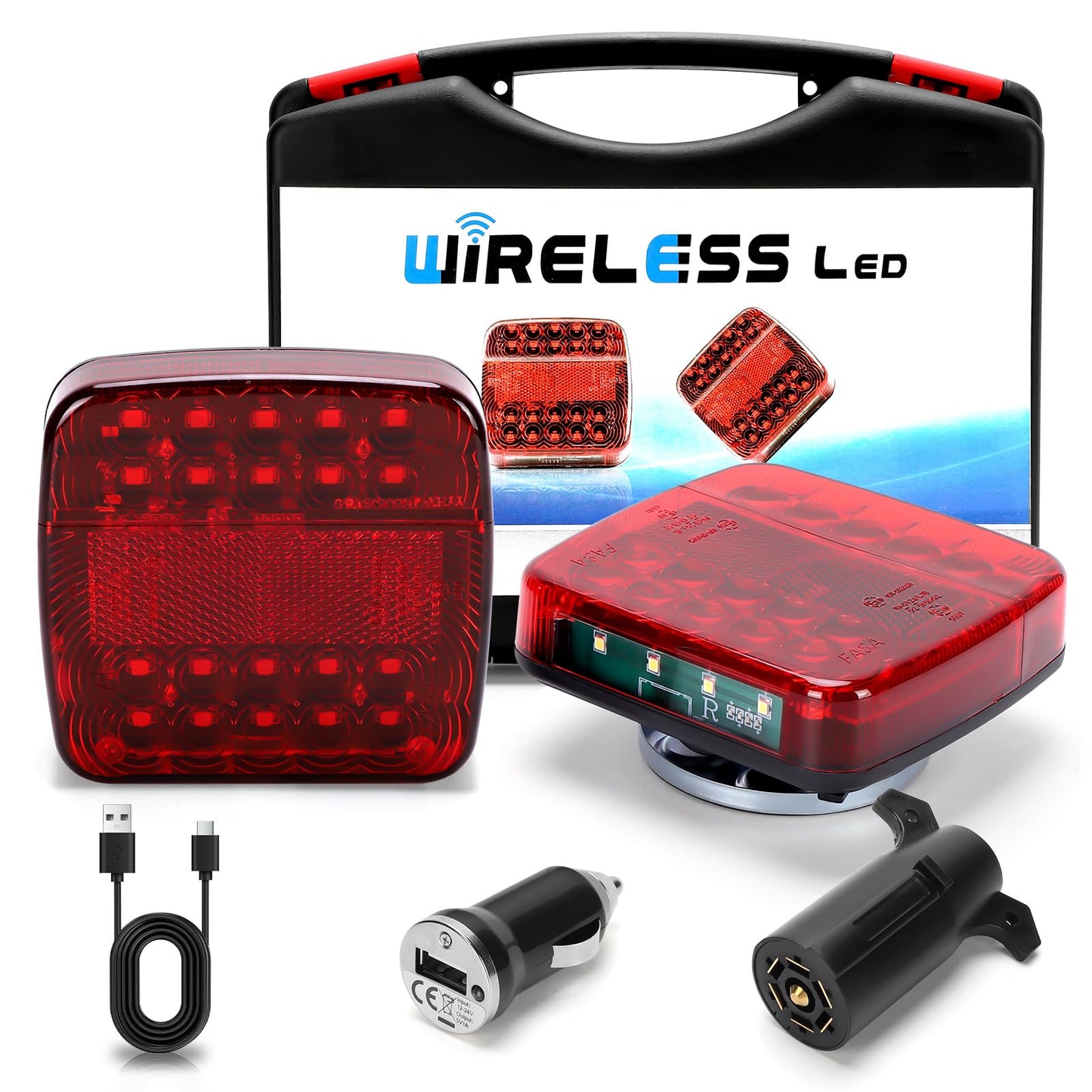 WODHMIEY Wireless Magnetic LED Trailer Lights, 2.4GHz 100 Feet Stable Signal, Storage Box, Rechargeable Tow Lights for Trucks Vehicles Trailers Campers Boats