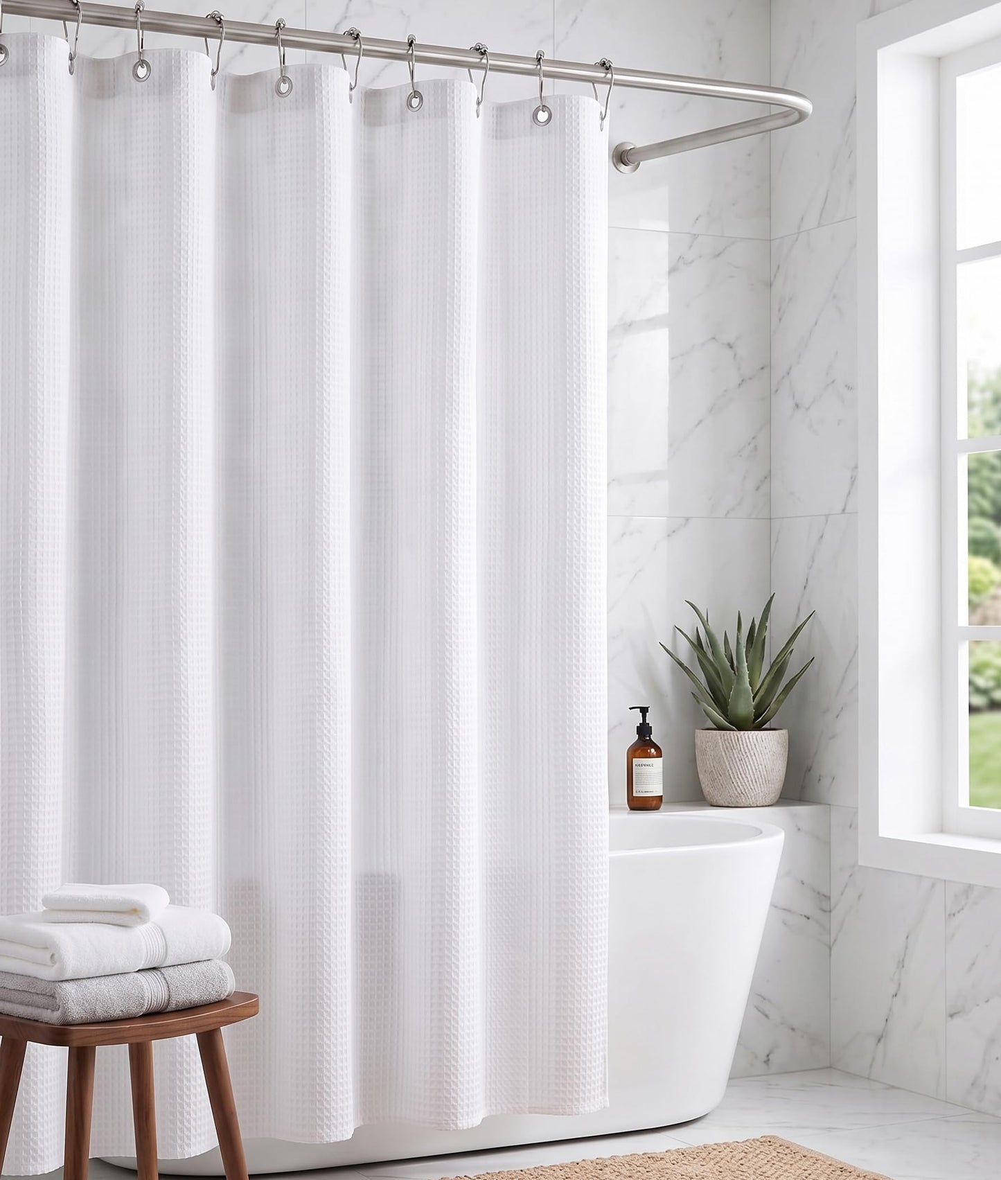 Mantto Waffle Shower Curtain Set, Premium Diamond Texture Fabric Shower Curtains for Bathroom, No Liner Needed, Waterproof & Heavy Duty with Weighted Hem with 12 Metal Hooks, 72 x 72 Inches, White