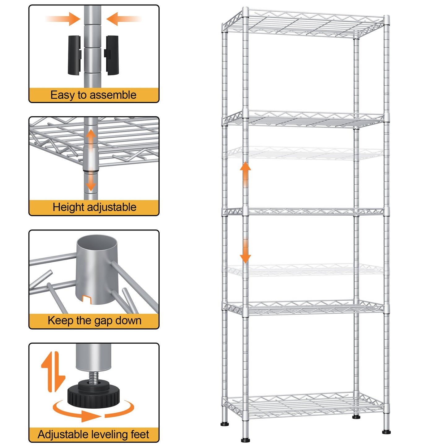 HOMEFORT 5-Shelving Unit, Adjustable Wire Shelving, Metal Wire Shelf Rack Organizer for Kitchen, Pantry, Closet, Bathroom, Laundry,Sliver,21" W x 11" D x 53" H