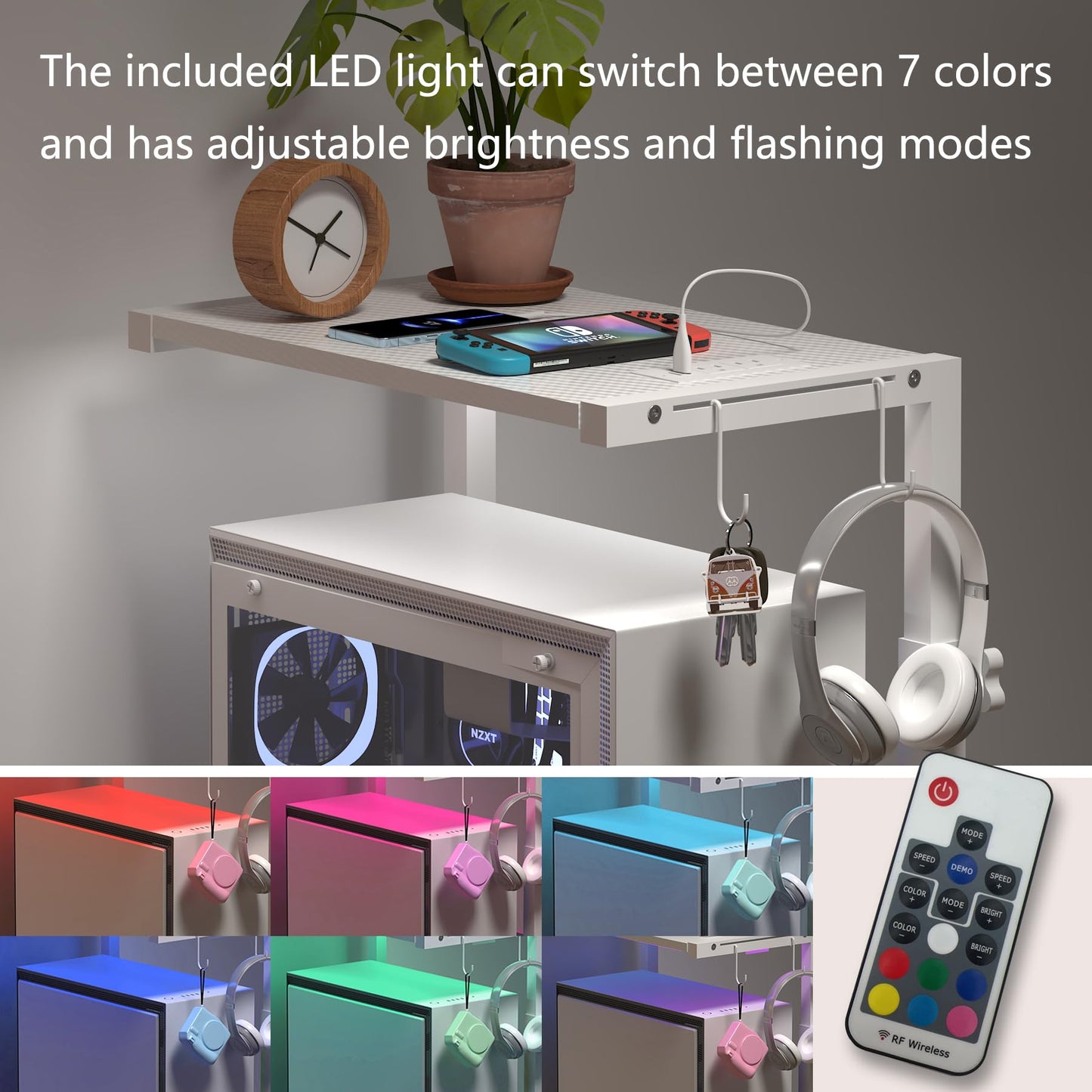 Computer Tower Stand with LED Light Strip,Mobile Rolling CPU Holder,Height Adjustable PC Tower Stand with Charging Station for Office Home (White)