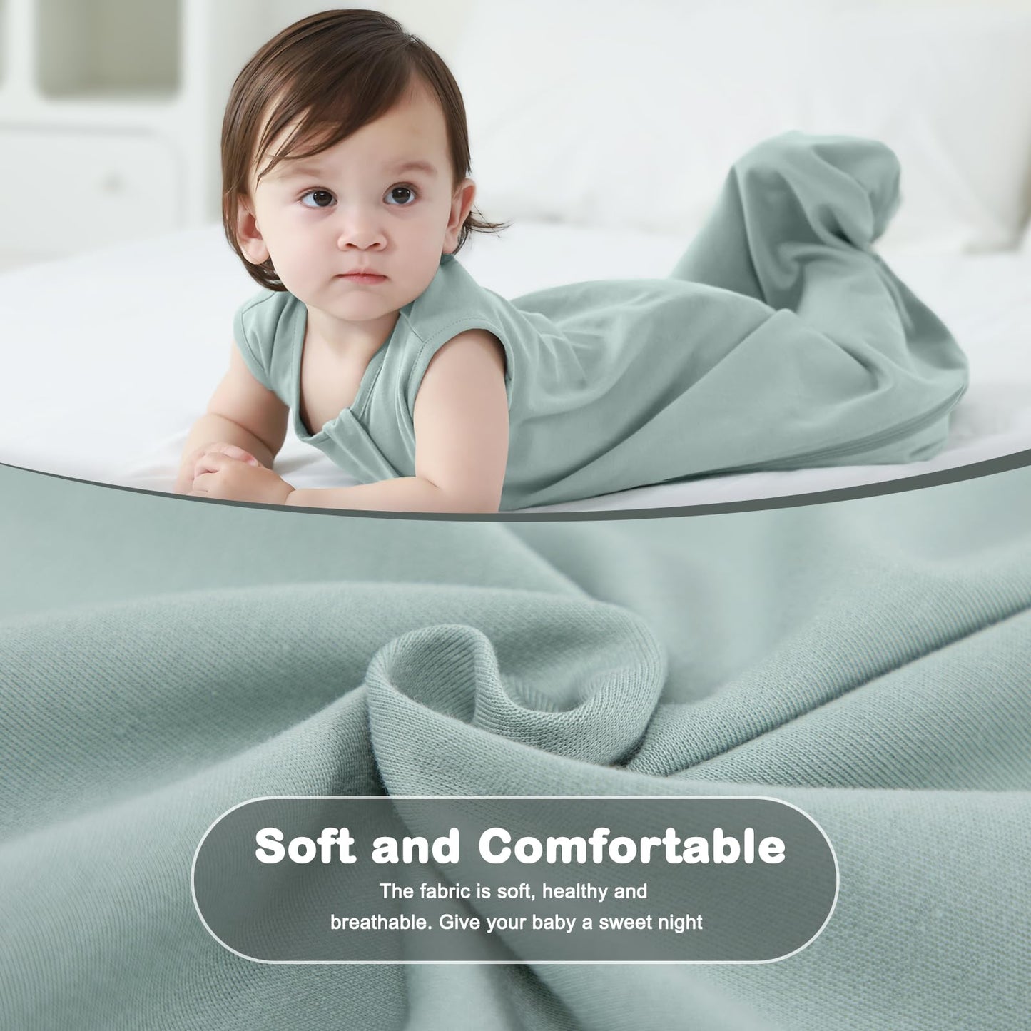 Mosebears Unisex Baby Sleep Sack Summer 0.5 Tog Wearable Blanket,Cotton Breathable with 2-Way Zipper(Dark Green&Sage,XL(18-24 Months))