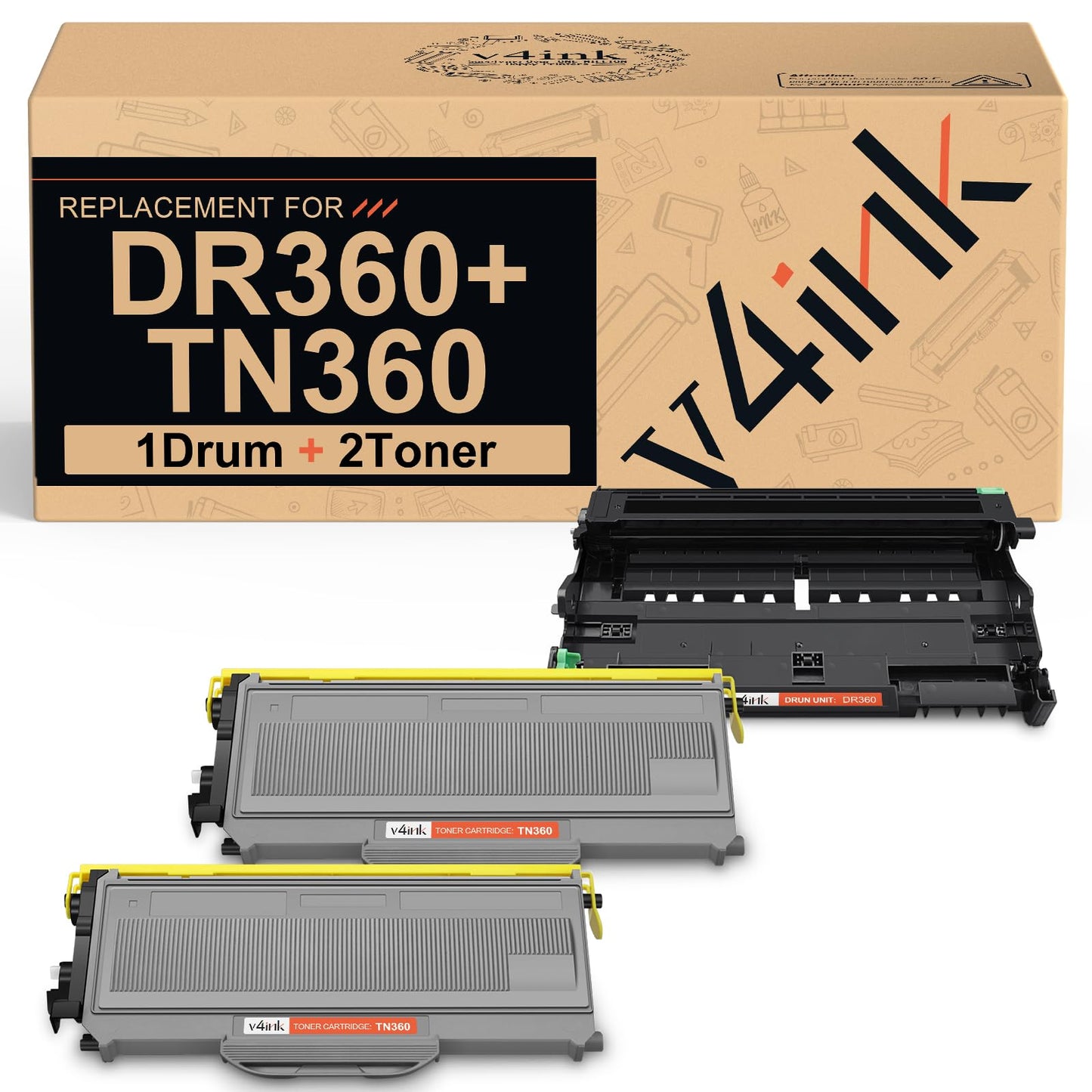 V4INK New Compatible (1 Drum + 2 Toners) Brother TN360 Toner Cartridge + DR360 Drum Set Use with Brother DCP-7030 DCP-7040 HL-2140 2150N HL-2170W Brother MFC-7340 MFC-7840W 7440N MFC-7345N Printer