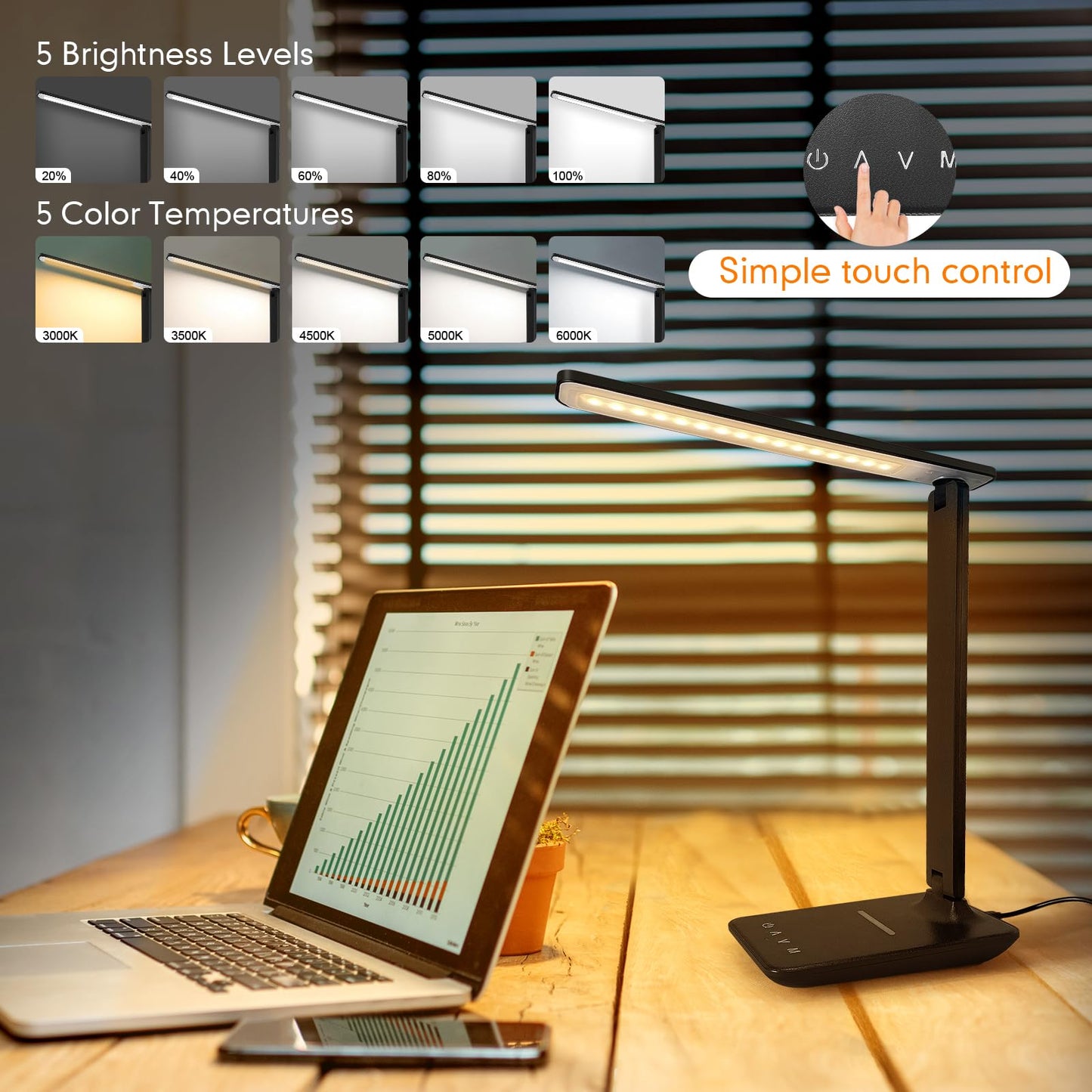 Whicow LED Desk Lamp Eye-Caring Table Lights Dimmable 5 Modes Touch Control Adjustable Table lamp with USB Charging Port for Home Office Reading, Studying Working (Black + Wireless Charger)
